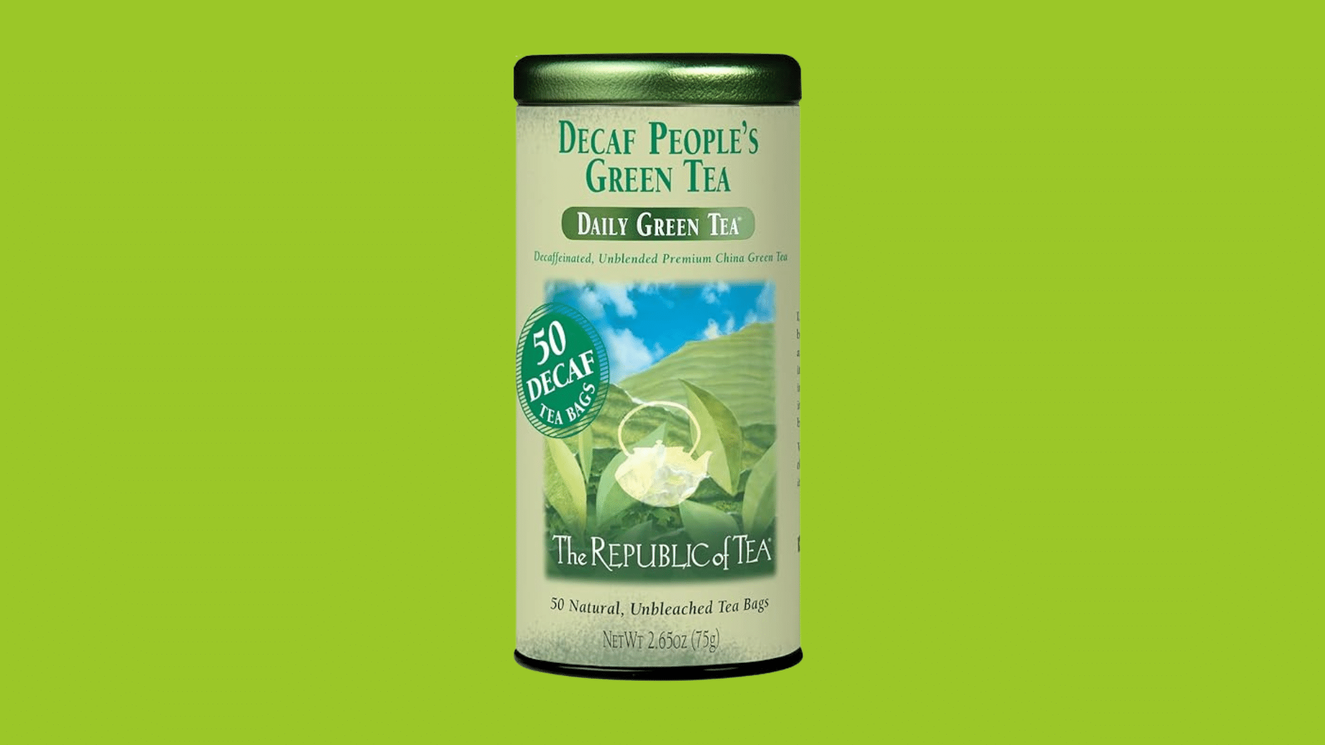 a tin of the republic of tea green tea showing the branded green tea packaging with premium design