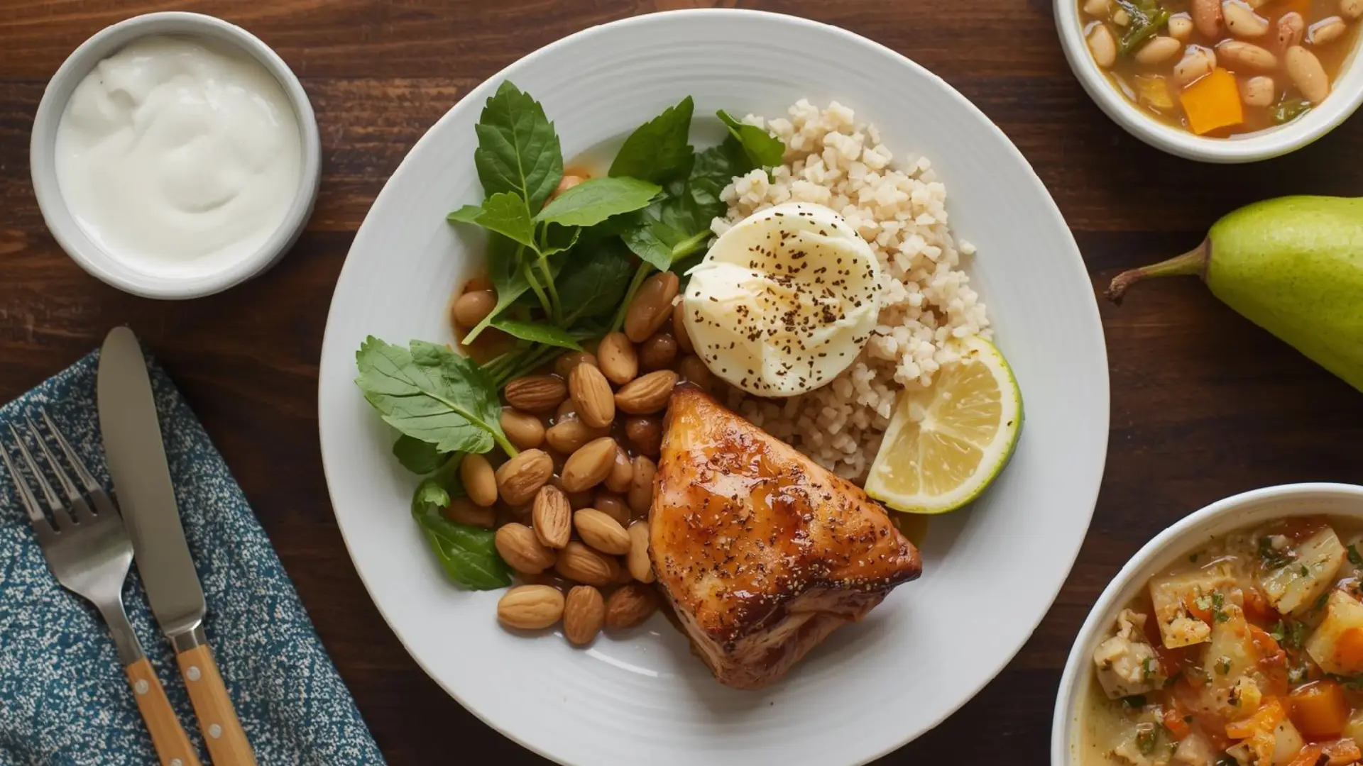 acid reflux friendly grilled salmon plate with brown rice chickpeas greens yogurt and a small lemon slice