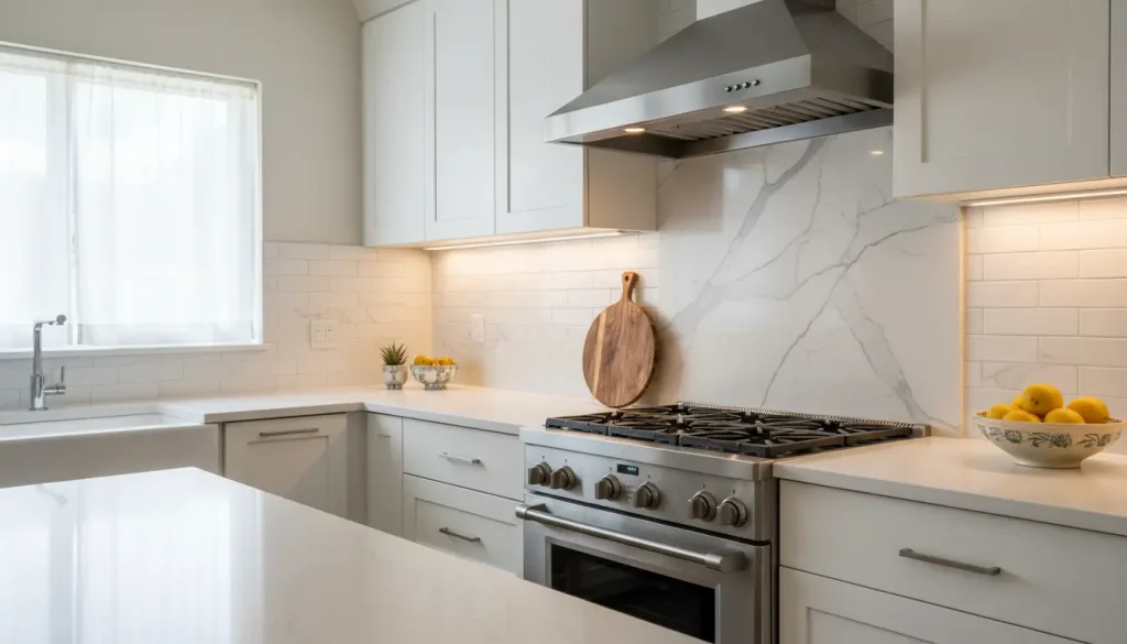 Modern kitchen with stainless steel stove, marble backsplash, and lemons on countertop under natural light