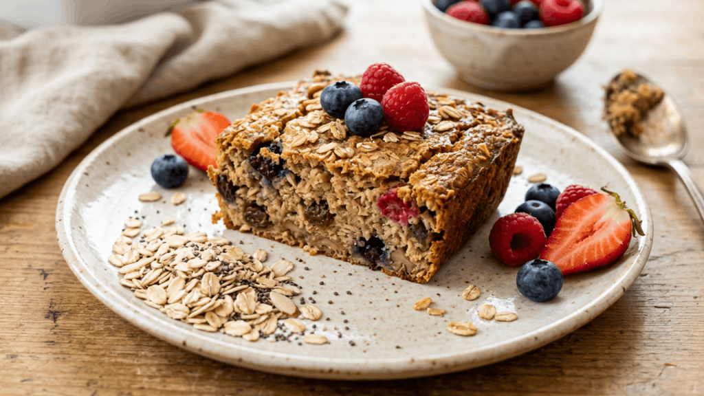 Baked oatmeal slice topped with fresh blueberries and raspberries on a plate with oats and berries