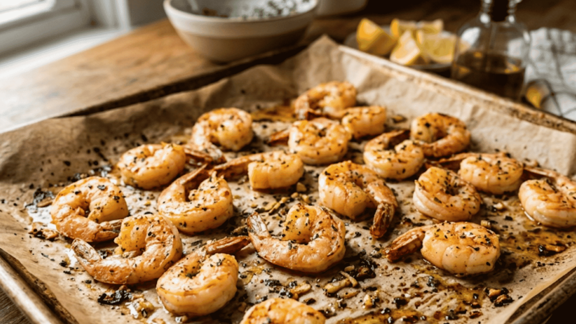 baked shrimp with garlic seasoning on a parchment lined tray in a warm home kitchen setting