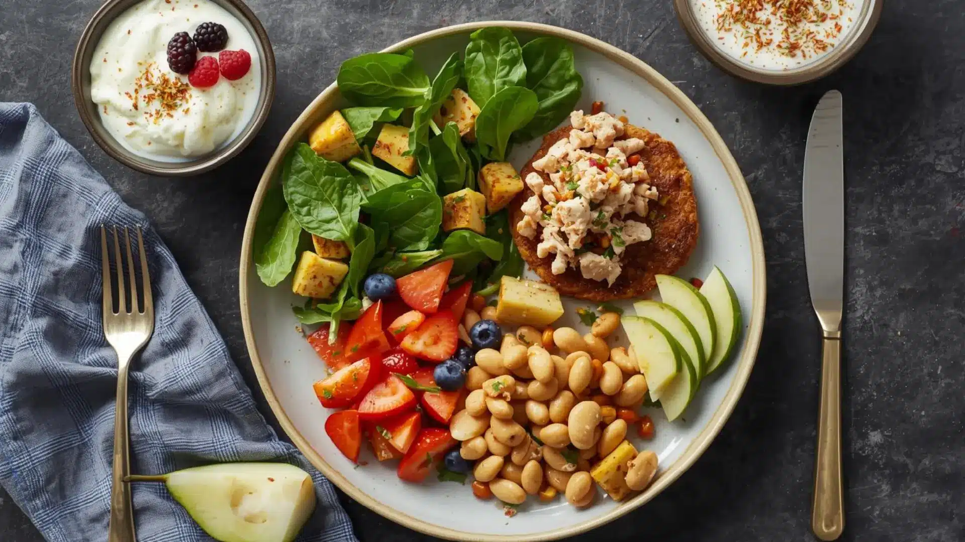 balanced acid reflux meal bowl with greens apple chickpeas tofu tomato cucumber and soft fruit