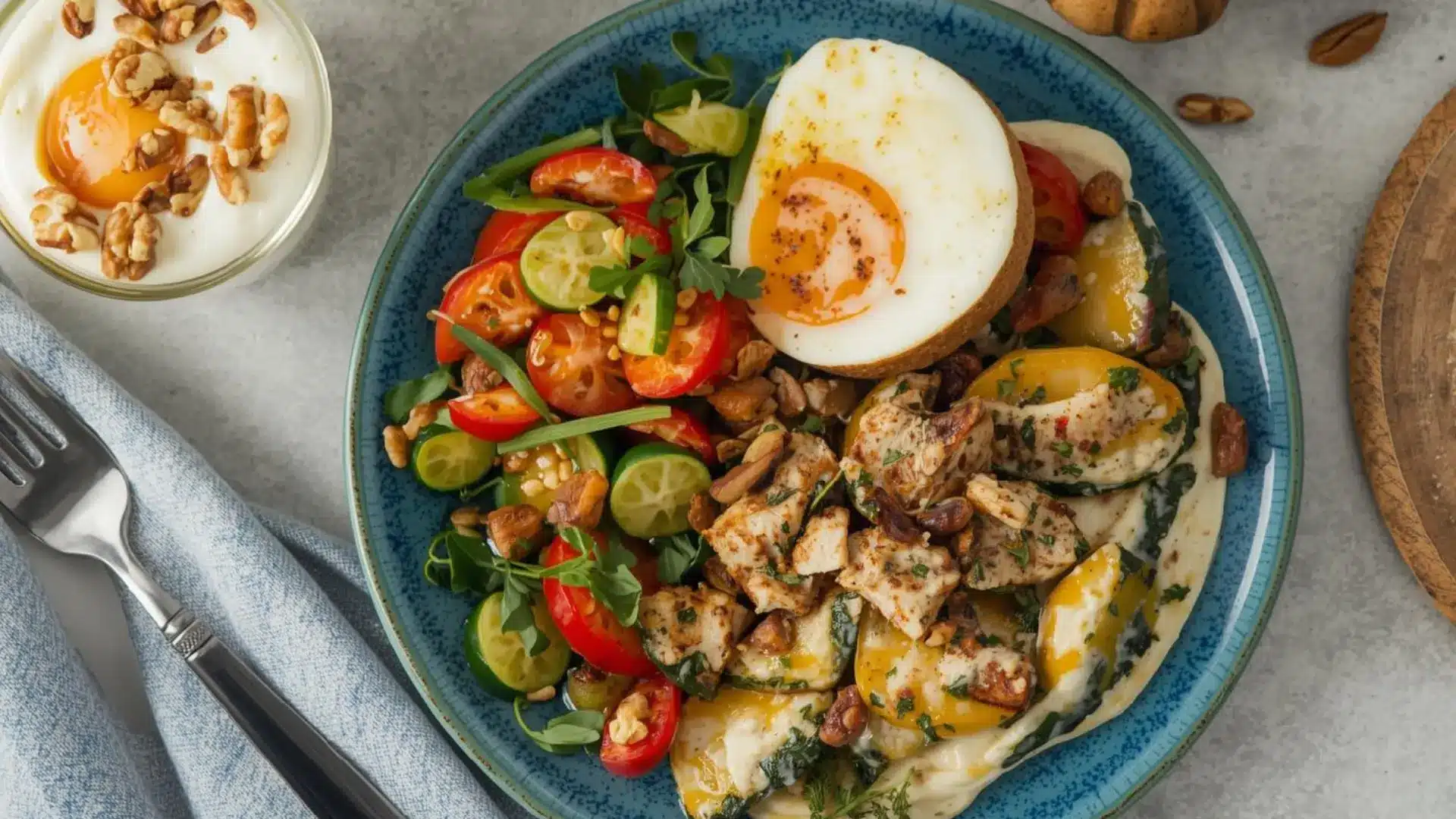 balanced meal bowl with chicken egg salad tomatoes cucumber and chickpeas on a blue plate