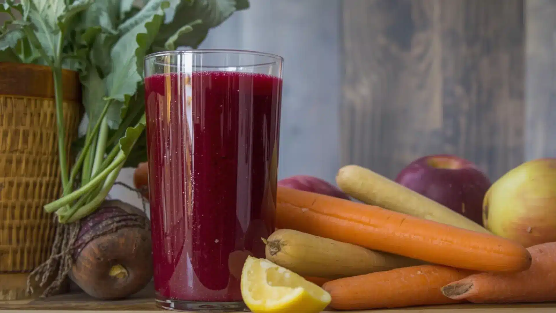 beet and carrot juice in a tall glass with fresh carrots apples lemon and beetroot on a wooden table
