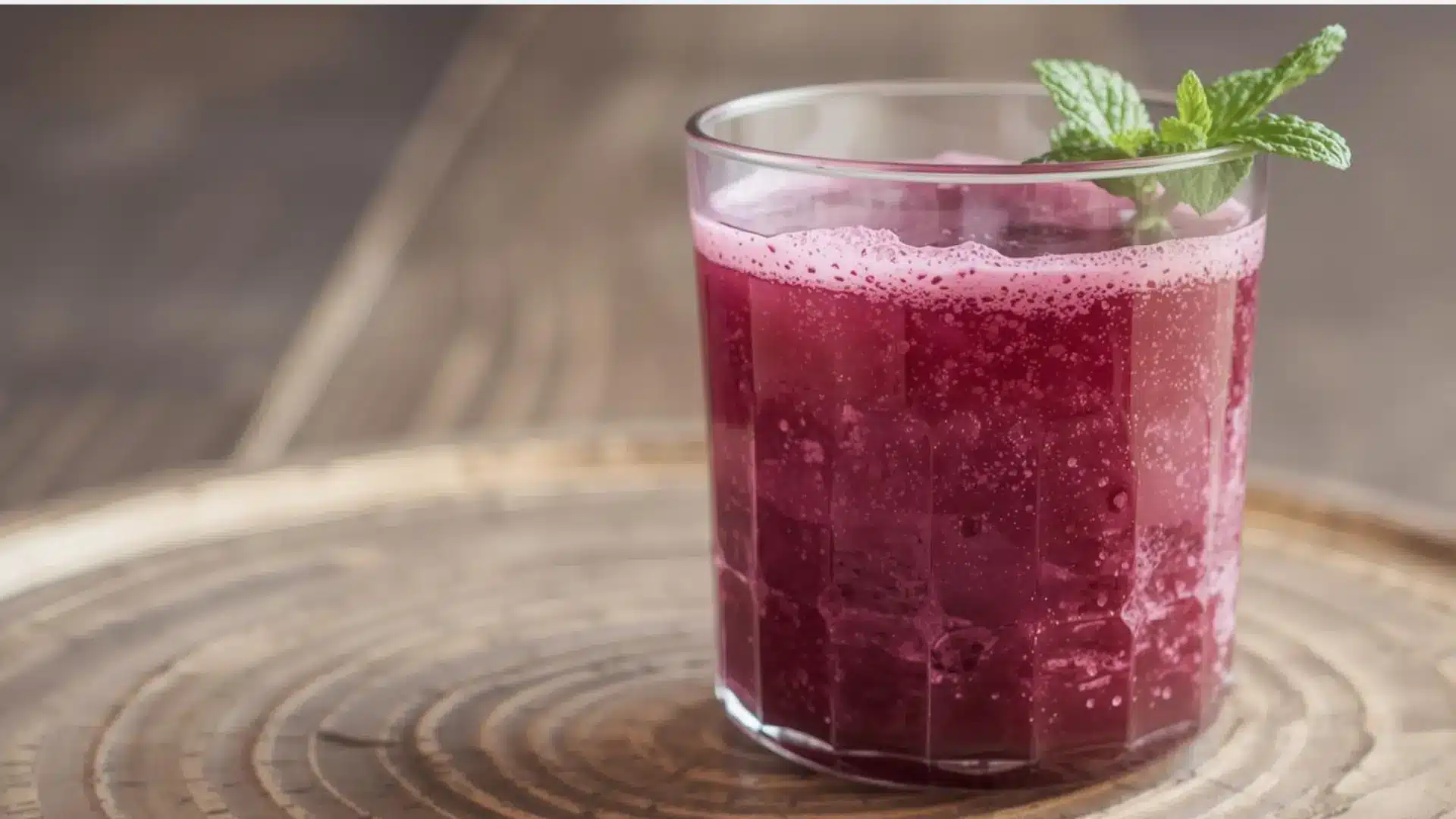 berry beet juice in a short glass with mint on top placed on a rustic wooden board