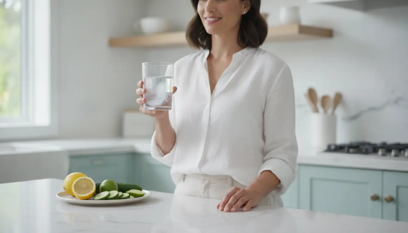 Smiling woman holding glass of water in bright kitchen with sliced cucumber and lemon on counter