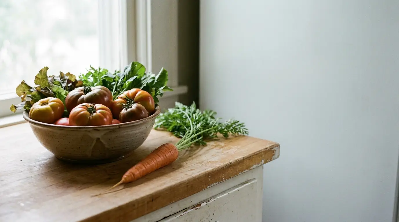 Bowl of heirloom tomatoes with greens and carrot on wooden counter near window