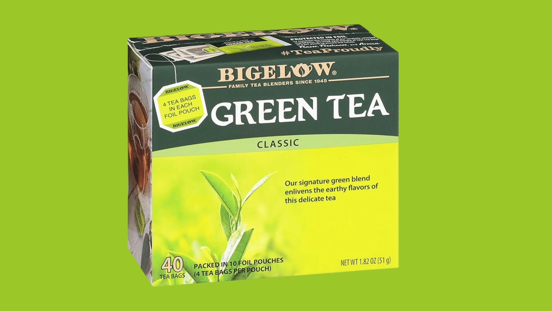bigelow classic green tea showing the branded green tea box packaging for daily brewing