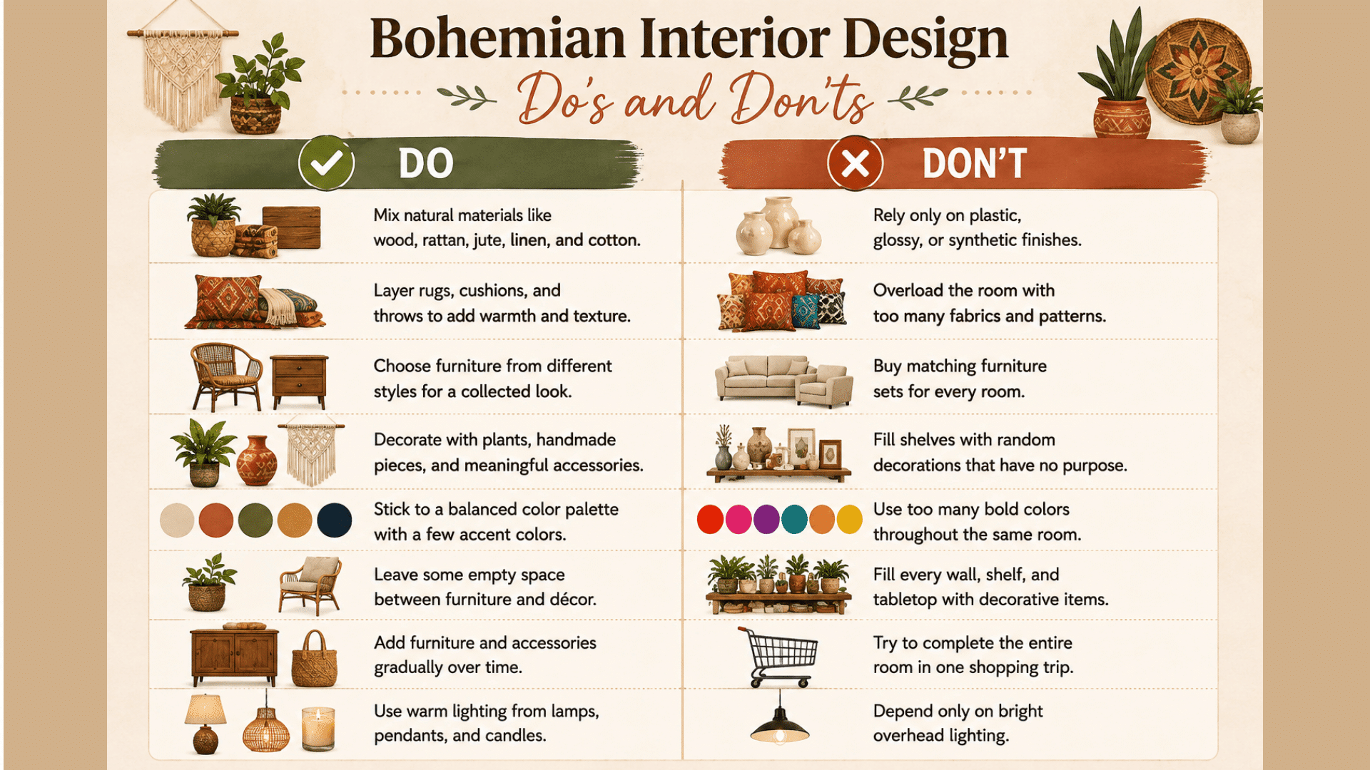 bohemian interior design dos and donts infographic showing natural materials layered textures plants and warm lighting