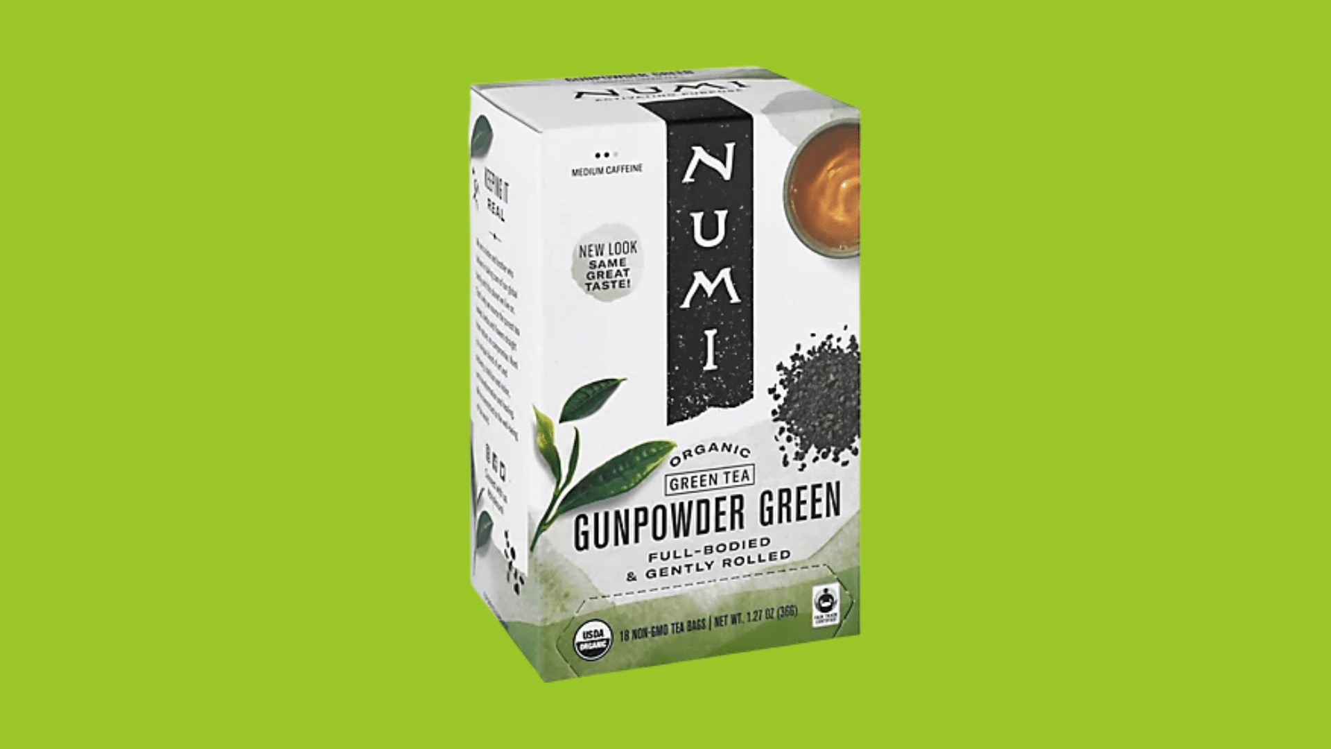 box of numi organic green tea showing the branded organic green tea packaging