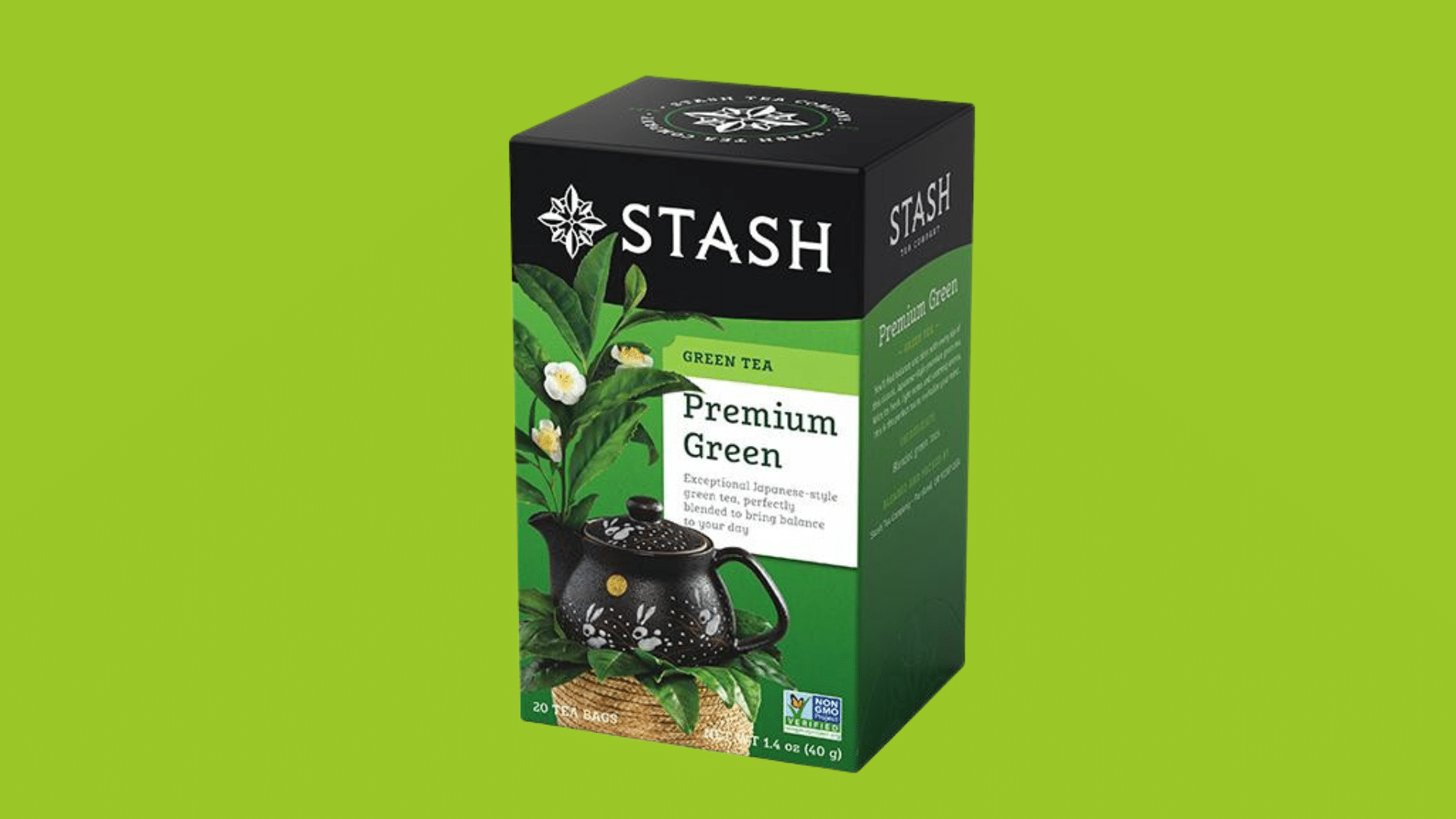 box of stash premium green tea showing the branded green tea box packaging with fresh design