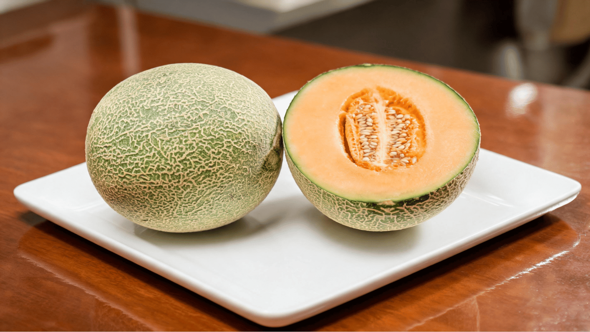 Cantaloupe melon halves displayed on a white plate as a hydrating low-acid food choice.