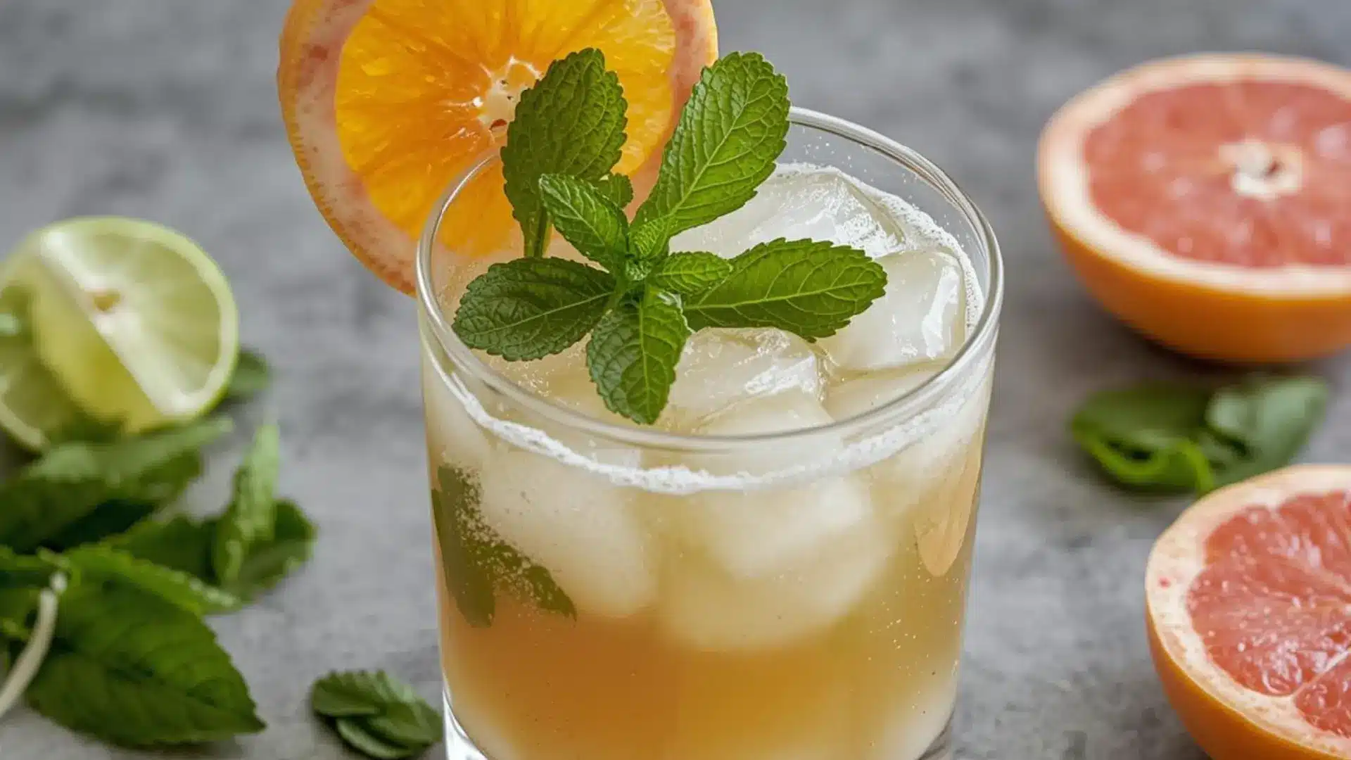 citrus mint juice with ice orange slice grapefruit lime and fresh herbs on a gray table