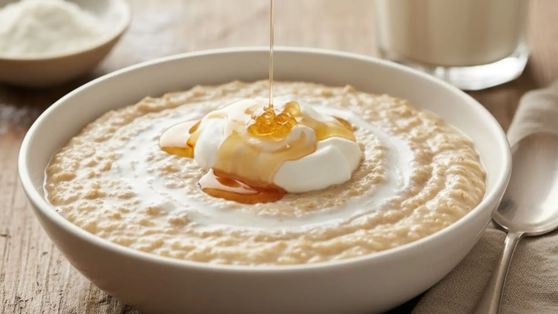 close-up of a white bowl filled with textured oatmeal, topped with a dollop of thick white yogurt or cream, with golden honey or maple syrup being drizzled over the top
