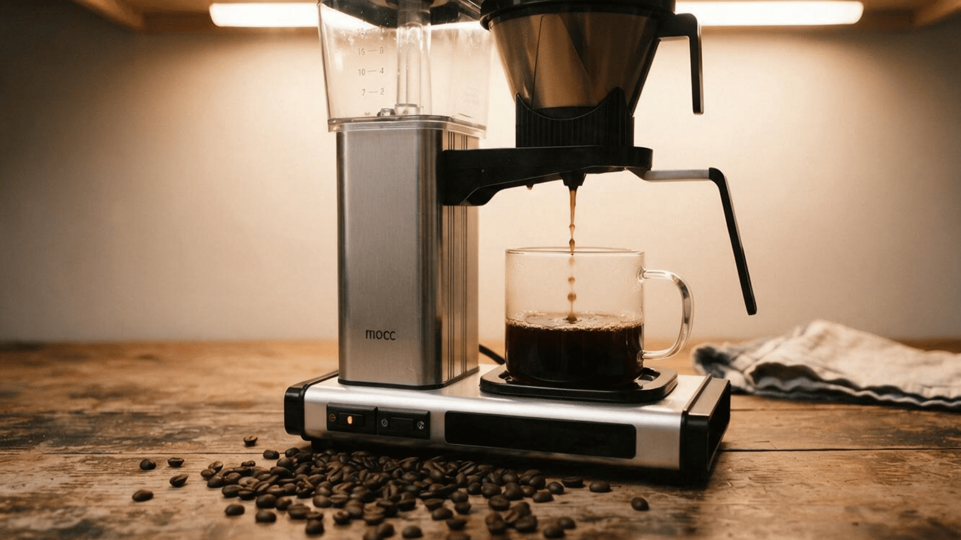 coffee dripper brewing a fresh cup of black coffee on a wooden counter with roasted coffee beans scattered in front