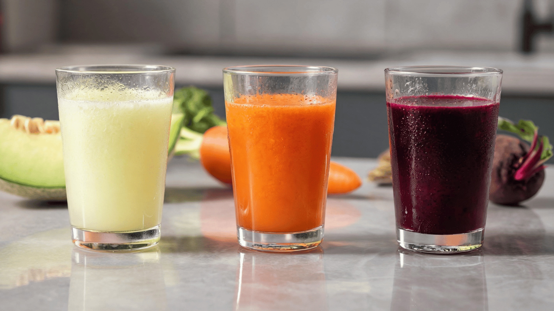 Colorful vegetable juices in glasses with fresh produce representing healthy drink options for digestion and wellness.