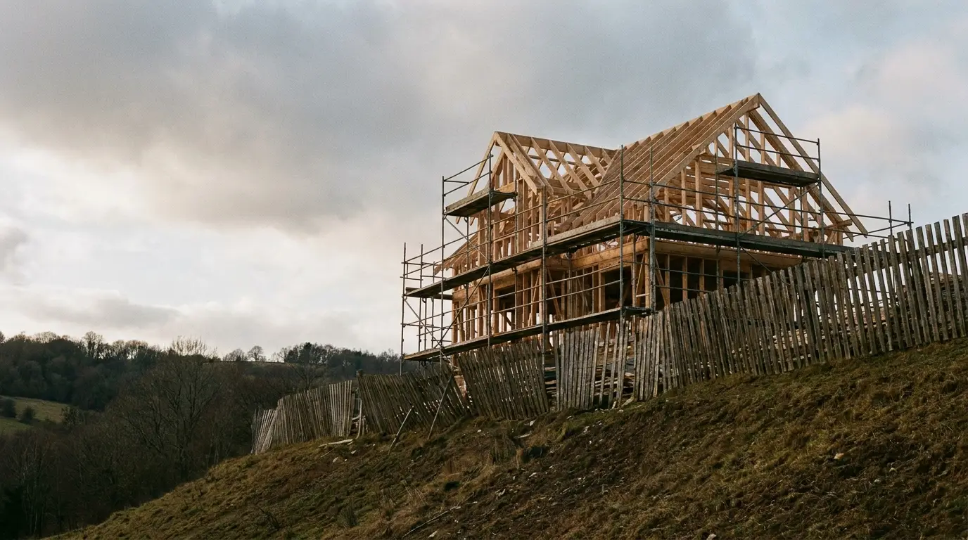 Wooden house frame under construction on a hillside with scaffolding and overcast sky