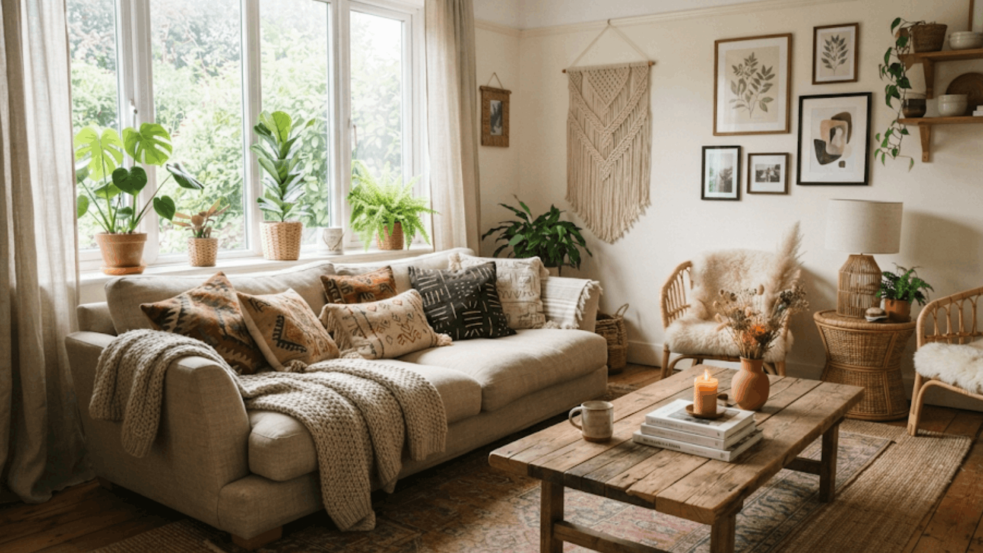 cozy living room with sofa cushions wooden coffee table plants and wall decor creating a warm home interior