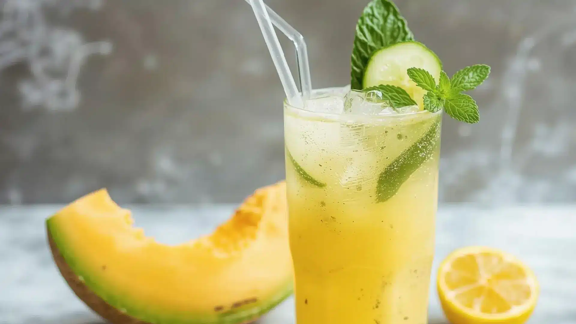 cucumber melon juice with mint lemon and fresh melon slice beside a tall glass on a gray background