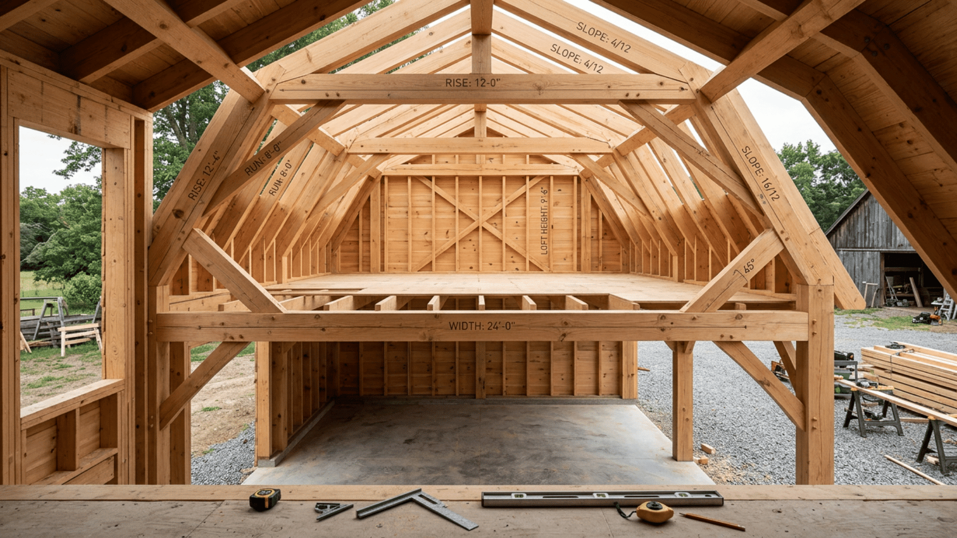 cutaway view of a timber-framed gambrel roof showing rafters slope breaks ceiling beams collar ties and loft space