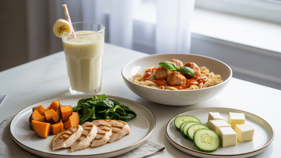 Day 4 meal plan with smoothie, grilled chicken, turkey meatballs with pasta, and cucumber with low-fat cheese