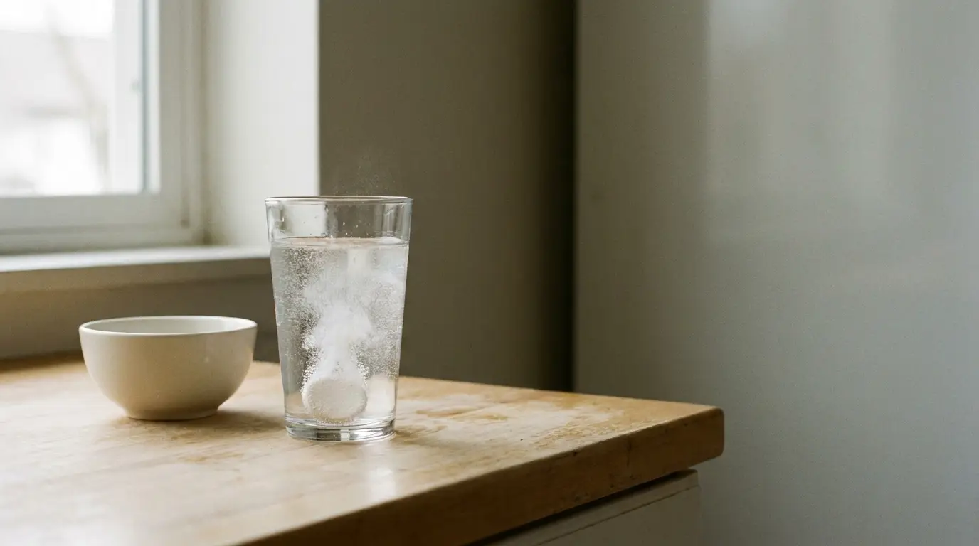 Effervescent tablet dissolving in glass of water on wooden kitchen counter
