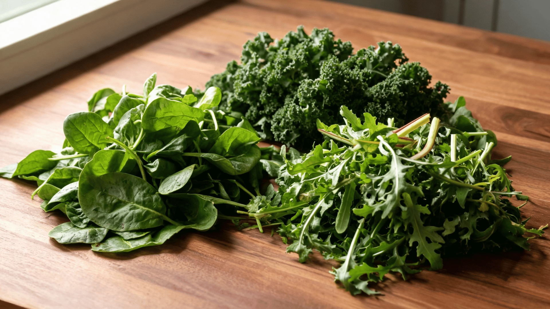 Fresh leafy greens including spinach, kale, and arugula arranged on a wooden surface as healthy foods.