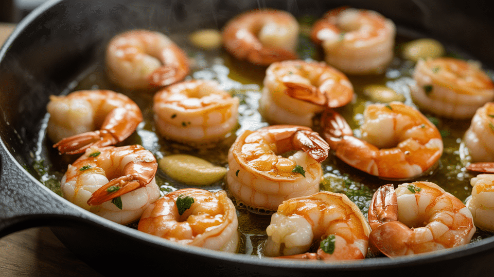 garlic shrimp skillet with cooked shrimp in olive oil and herbs served in a black pan