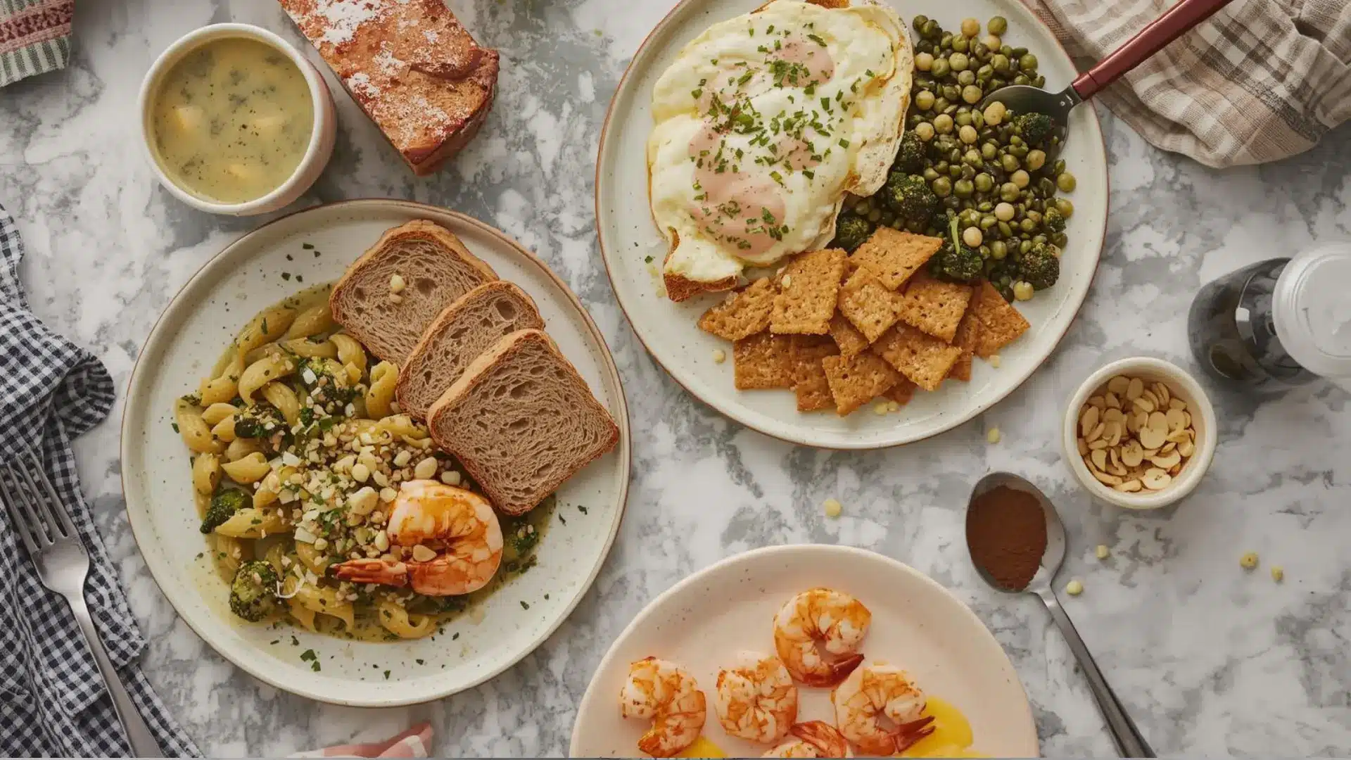 gerd friendly meal prep spread with fish bread peas crackers walnuts yogurt and mild sauce