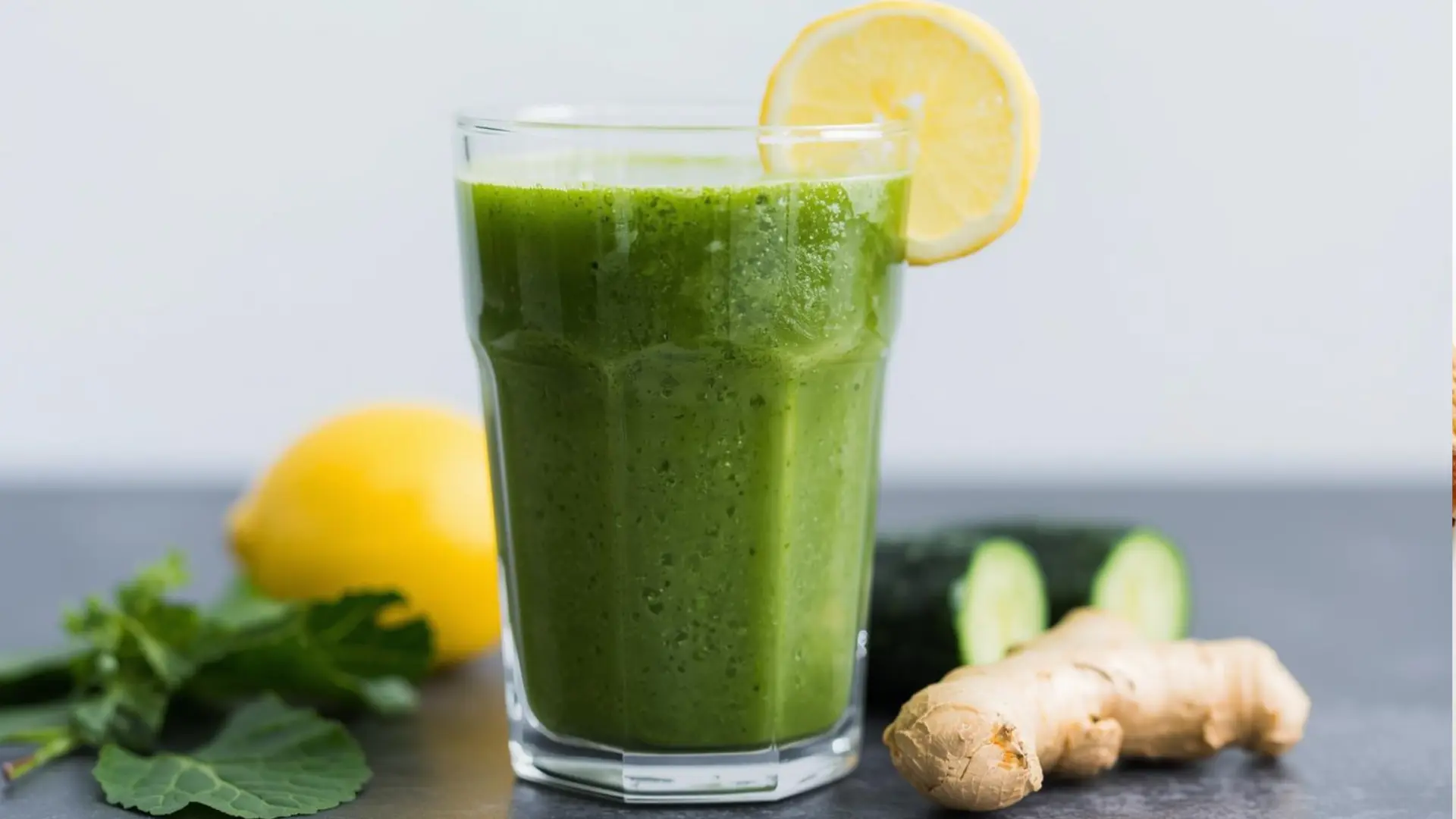 glass of green smoothie garnished with a lemon slice, with a lemon, ginger root, cucumber, and green leaves in the background