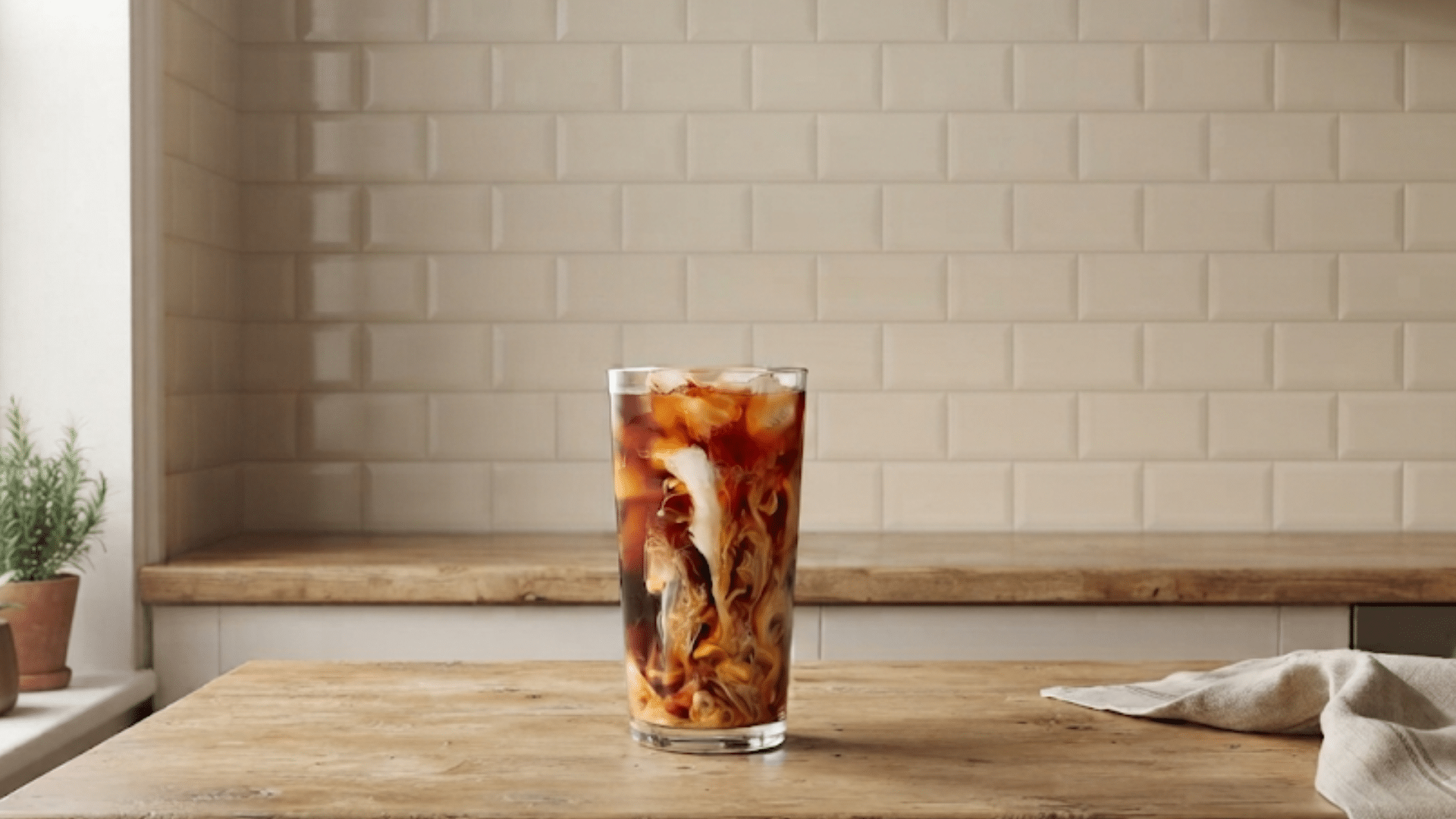 glass of iced coffee with milk swirl placed on wooden kitchen counter near window and plants