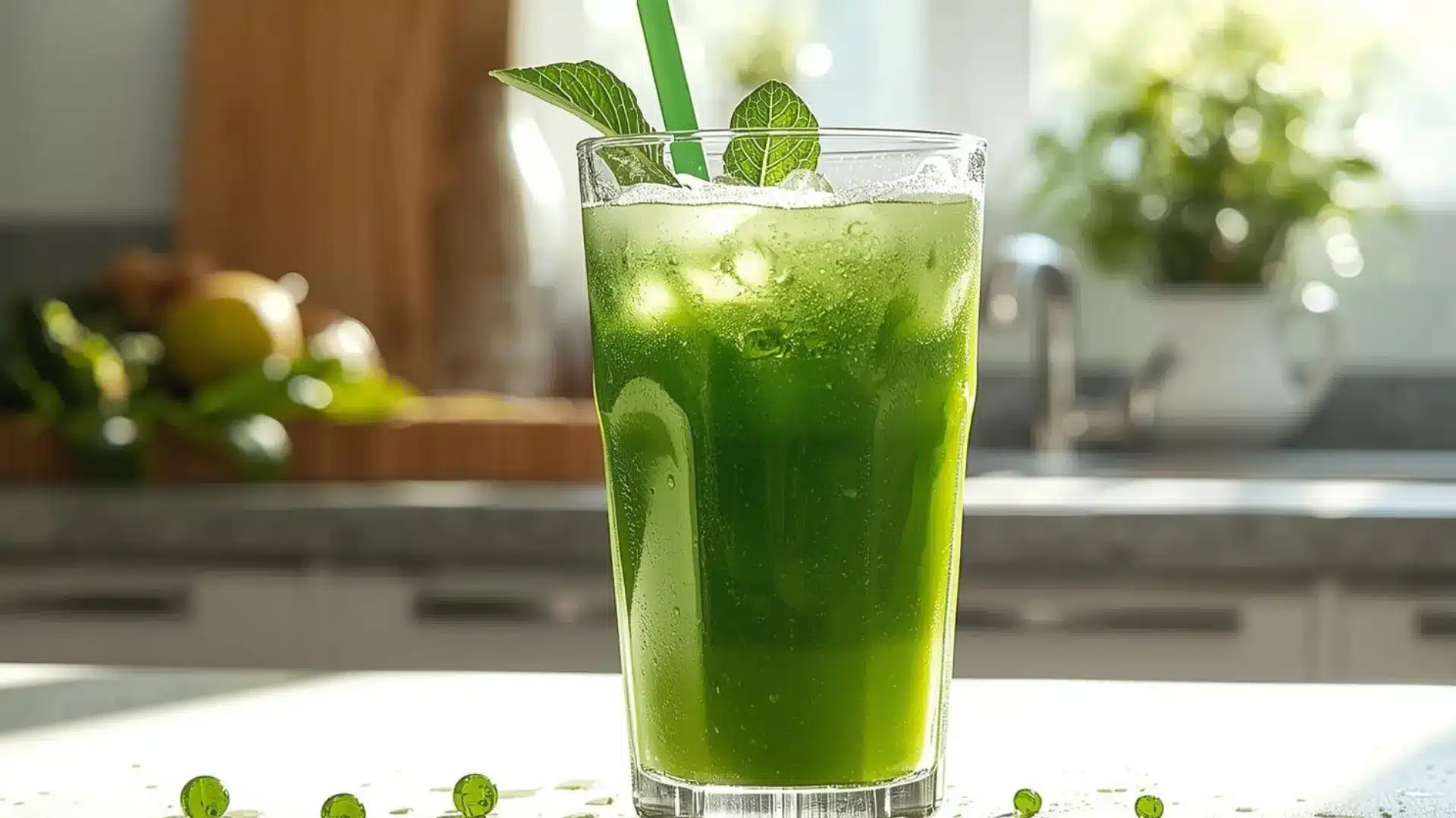 green apple spinach juice in a tall glass with fresh mint and greens on a bright kitchen counter