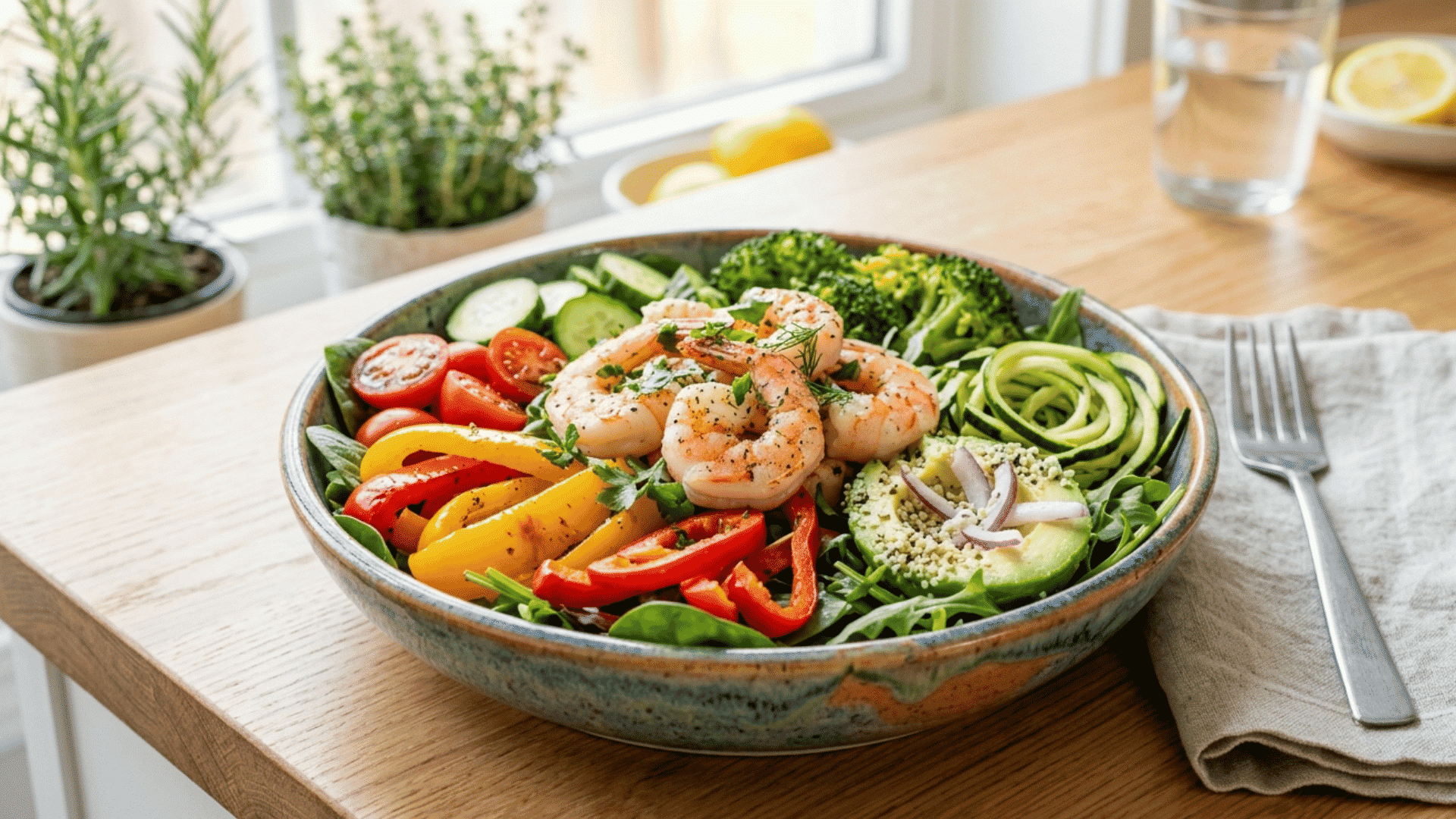 grilled shrimp bowl with fresh vegetables avocado and greens served as a healthy protein meal