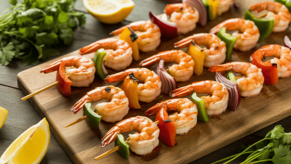 grilled shrimp skewers with colorful peppers and onions arranged on a wooden board with lemon wedges