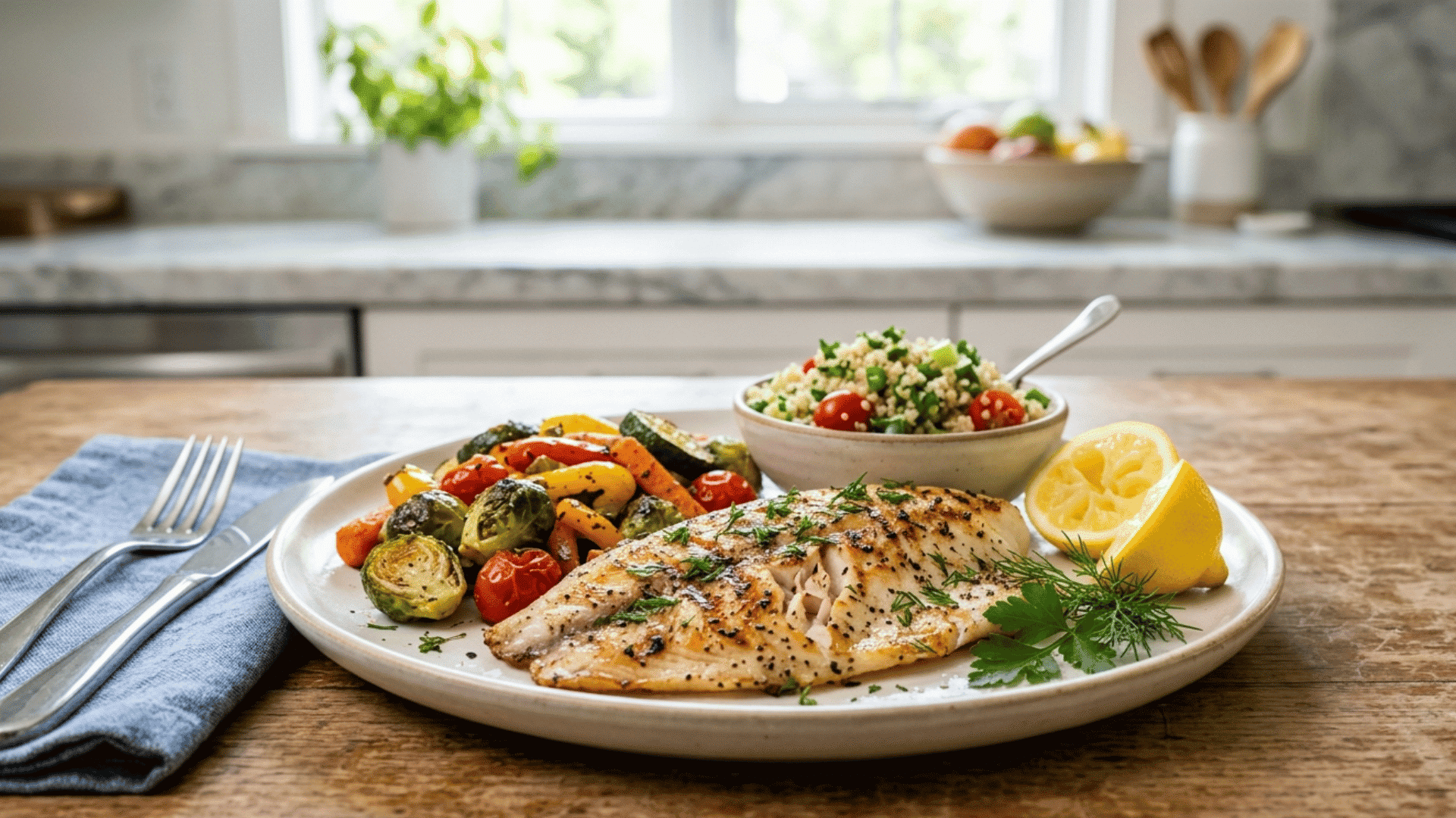 grilled tilapia fillet served with roasted vegetables lemon and quinoa on a plate