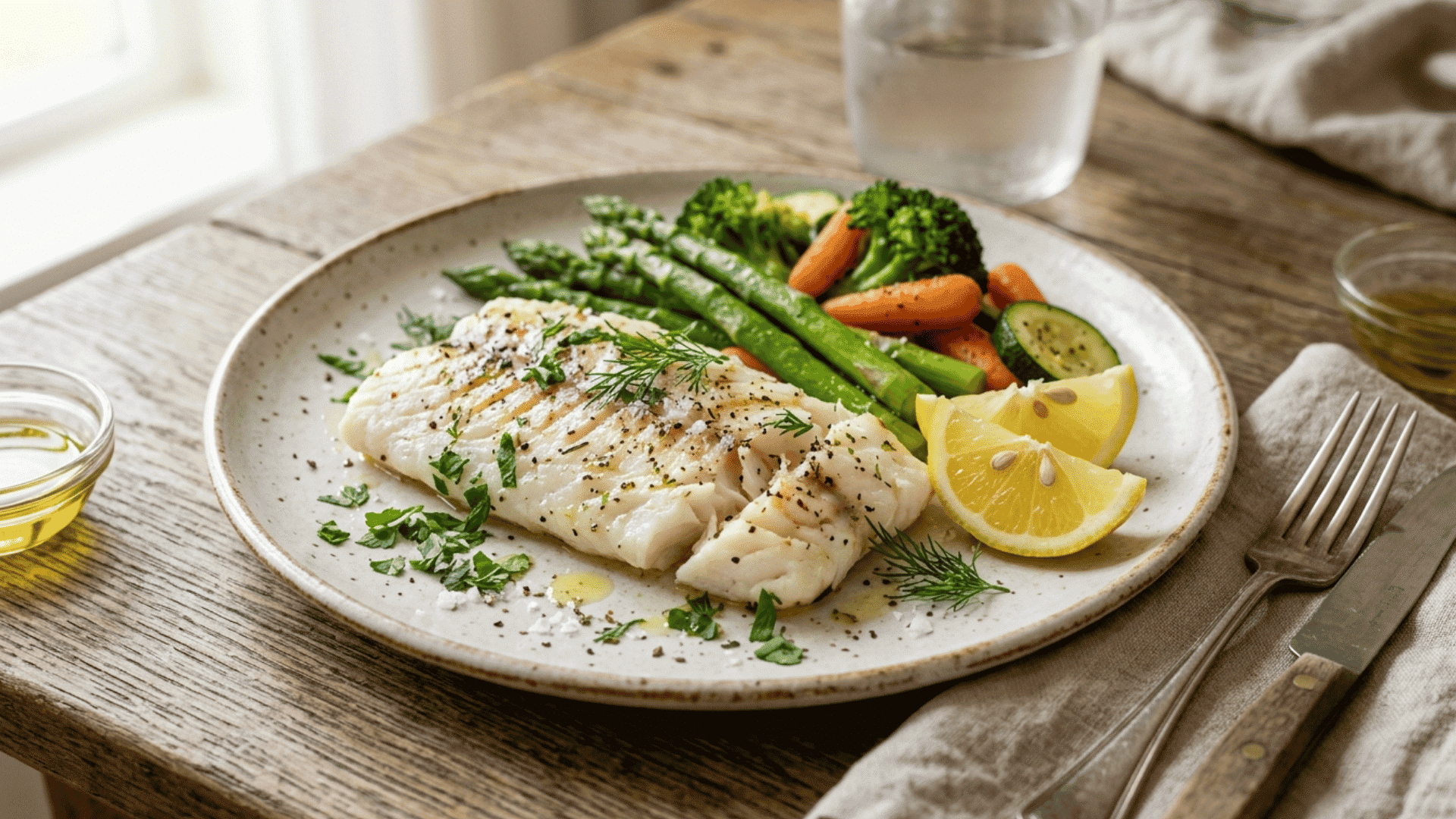 grilled white fish fillet served with vegetables lemon wedges and fresh herbs on a plate