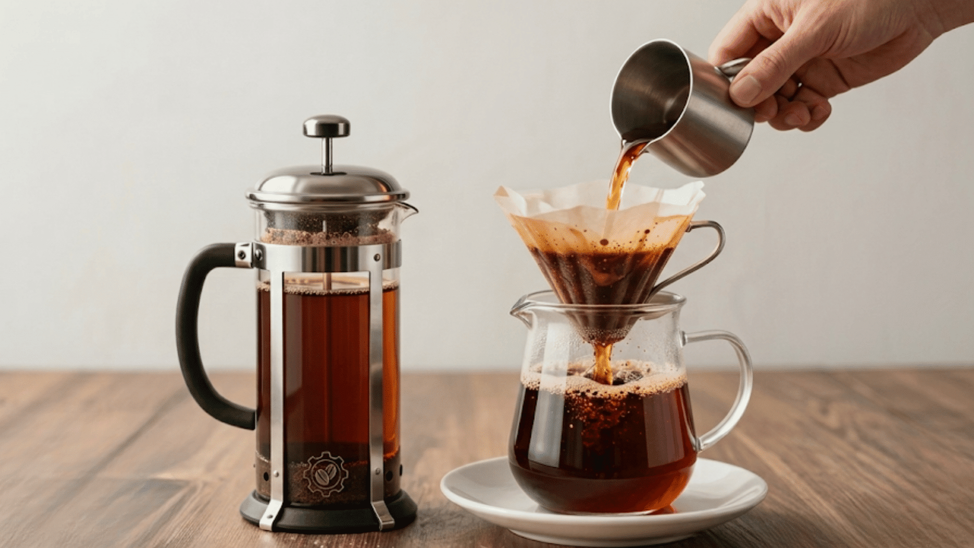hand pouring hot coffee through paper filter into glass carafe beside a french press on a wooden table