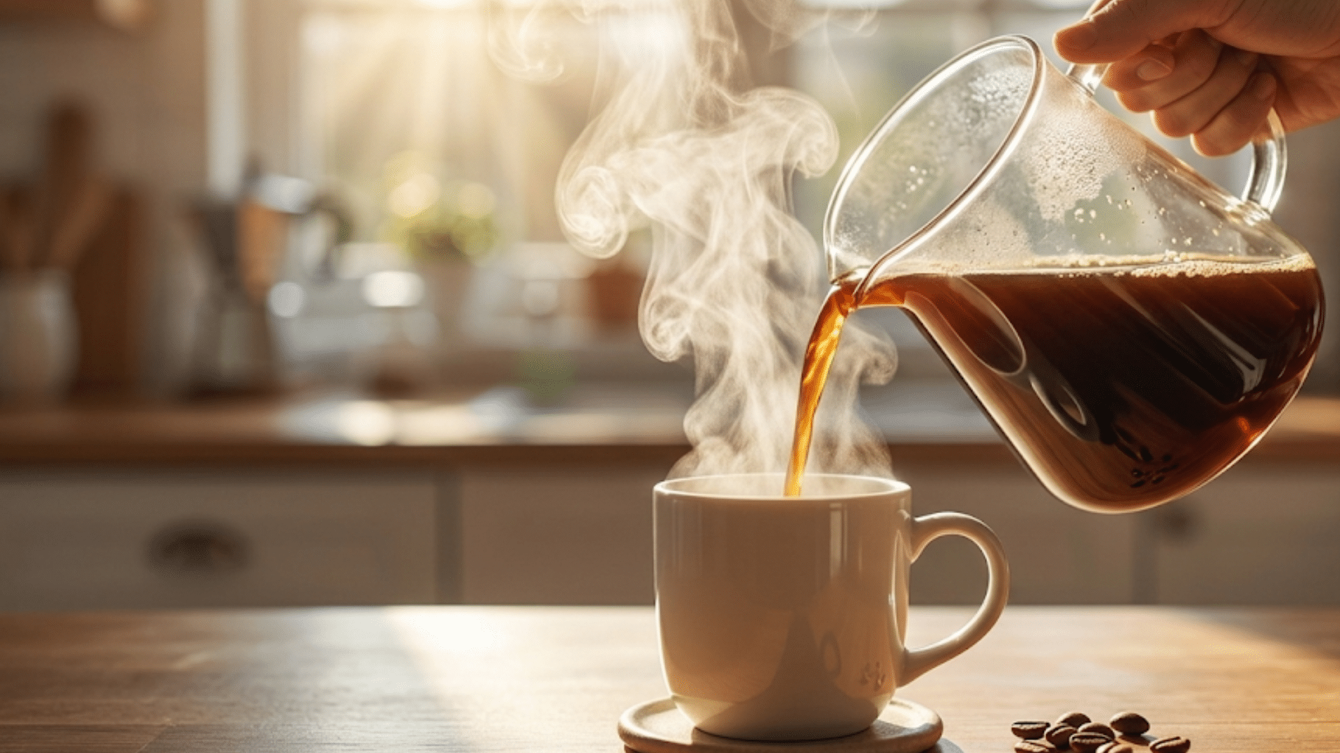 hand pouring steaming coffee from a glass carafe into a white mug on a wooden table with coffee beans nearby in warm sunlight