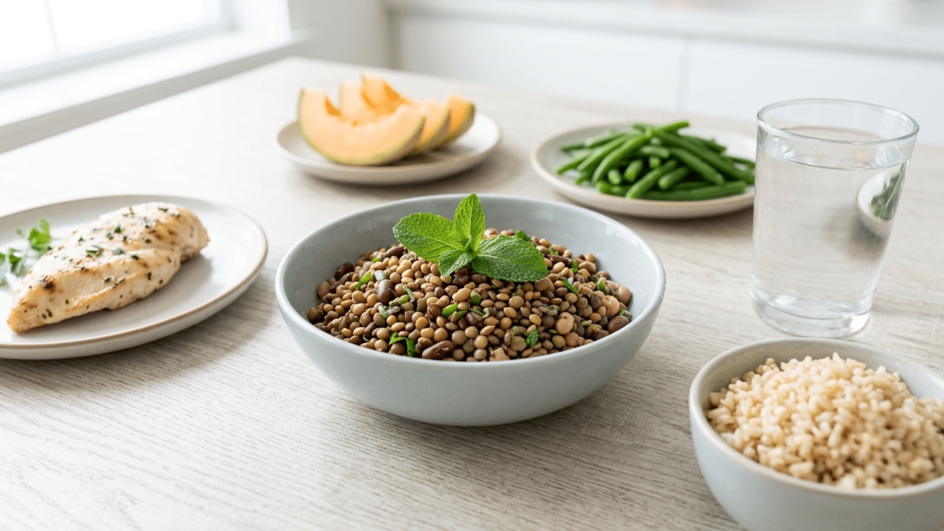 healthy meal on a table with lentil salad grilled chicken brown rice green beans sliced melon and a glass of water