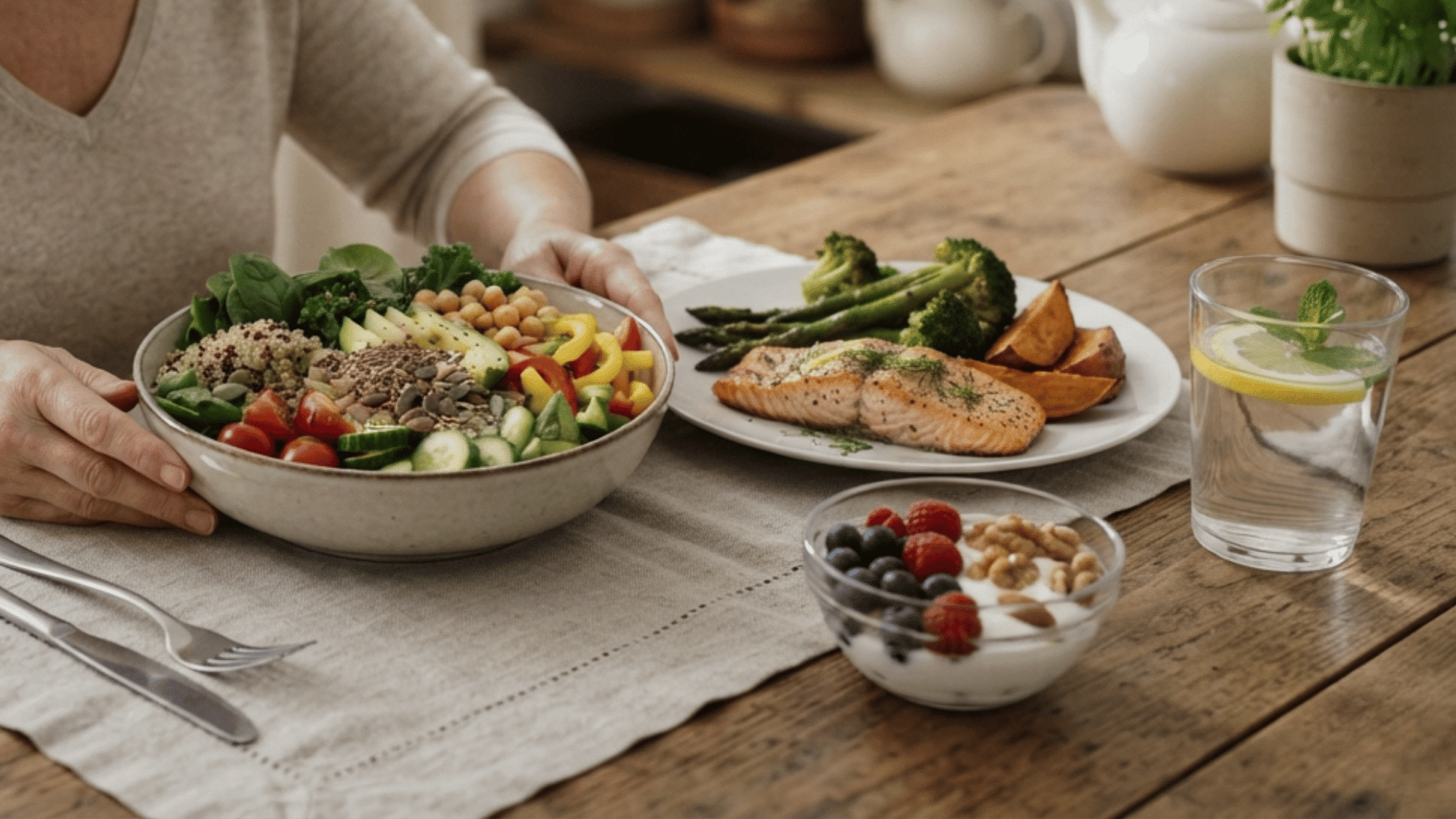 healthy menopause friendly meal with salmon fresh salad roasted vegetables yogurt berries and lemon water
