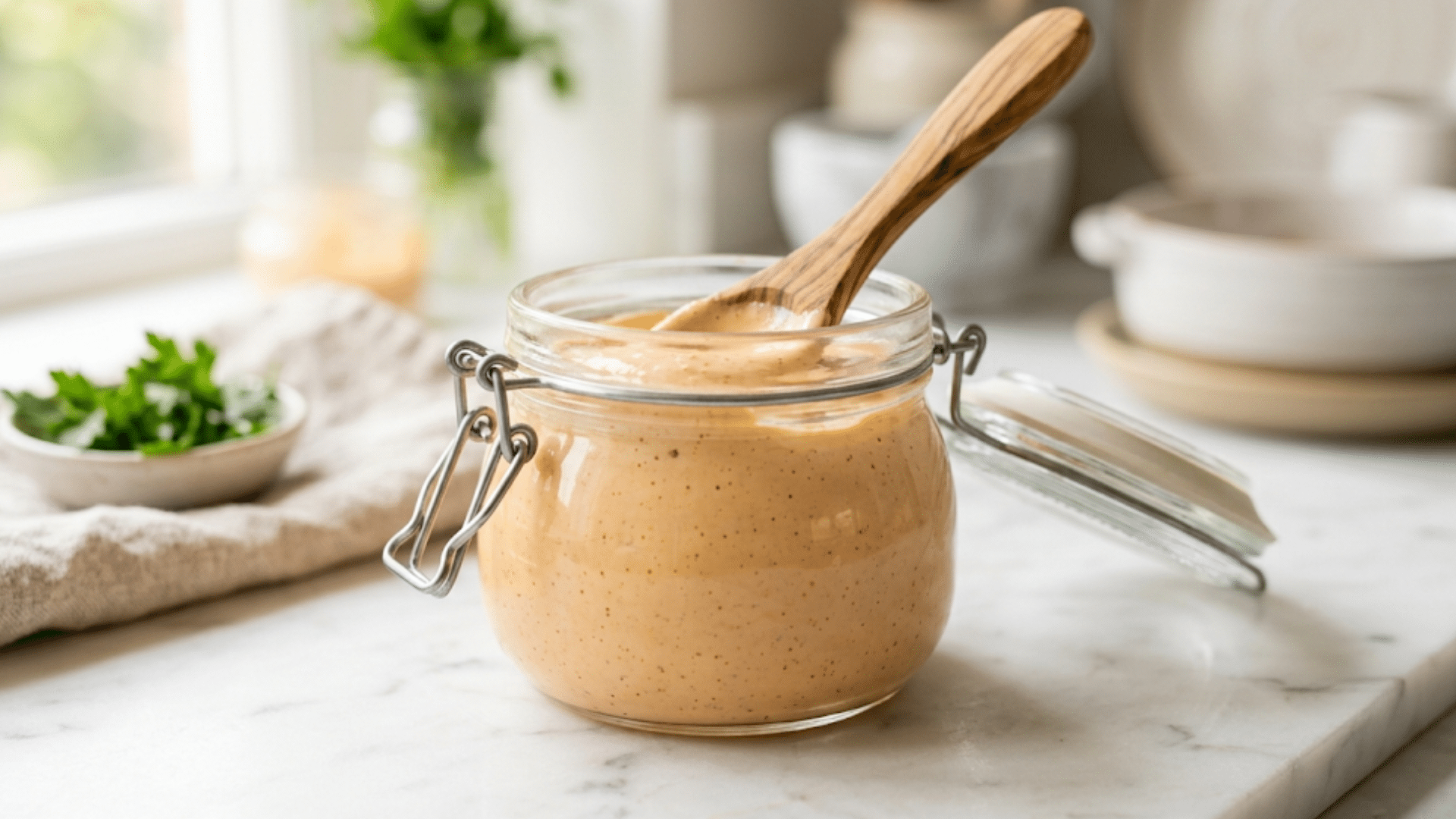 _healthy yum yum sauce in a glass jar with a wooden spoon on a marble countertop in a bright kitchen