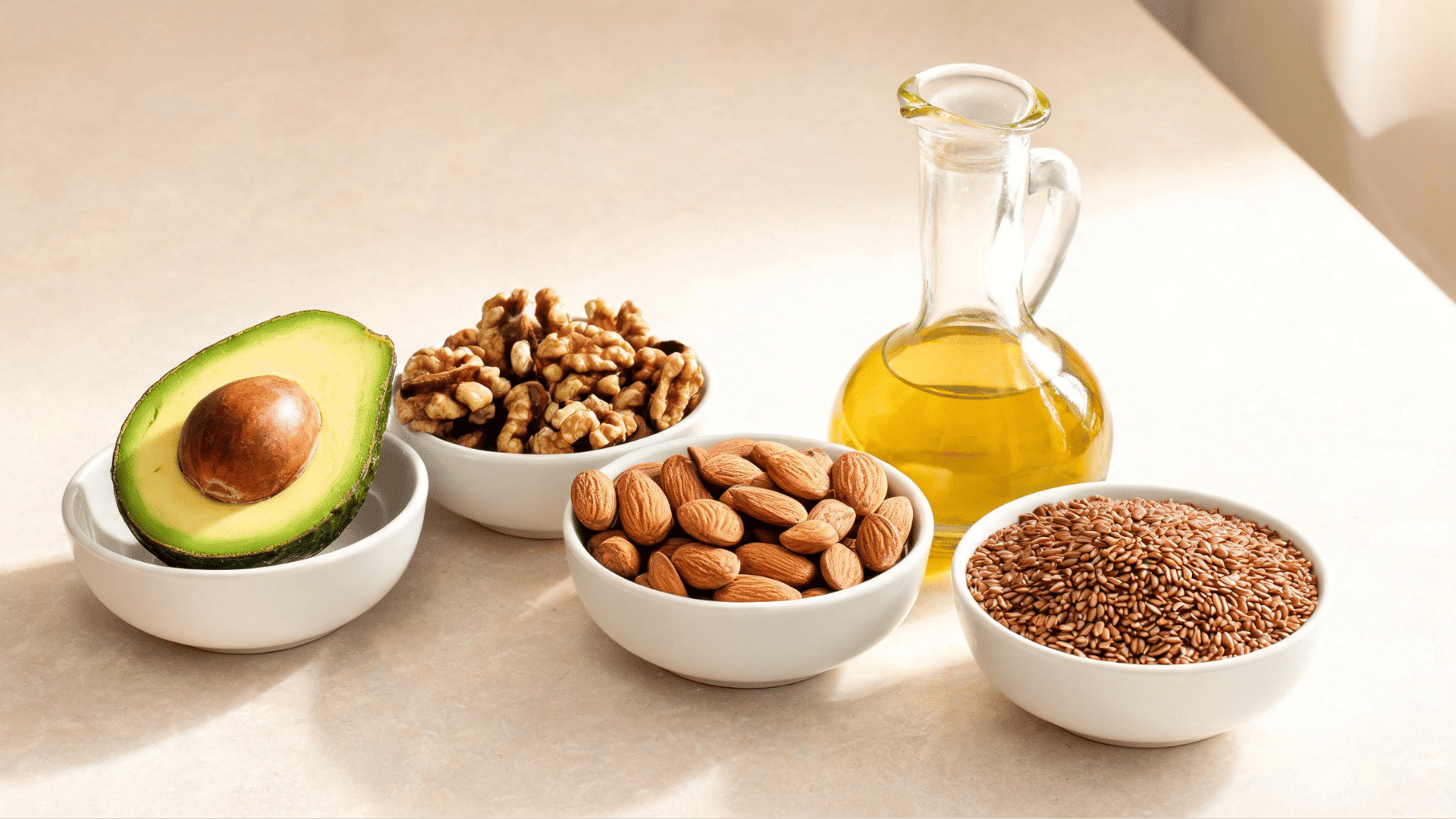 Healthy fats from avocado, nuts, seeds, and olive oil arranged as nutrient-rich food choices for a balanced diet.