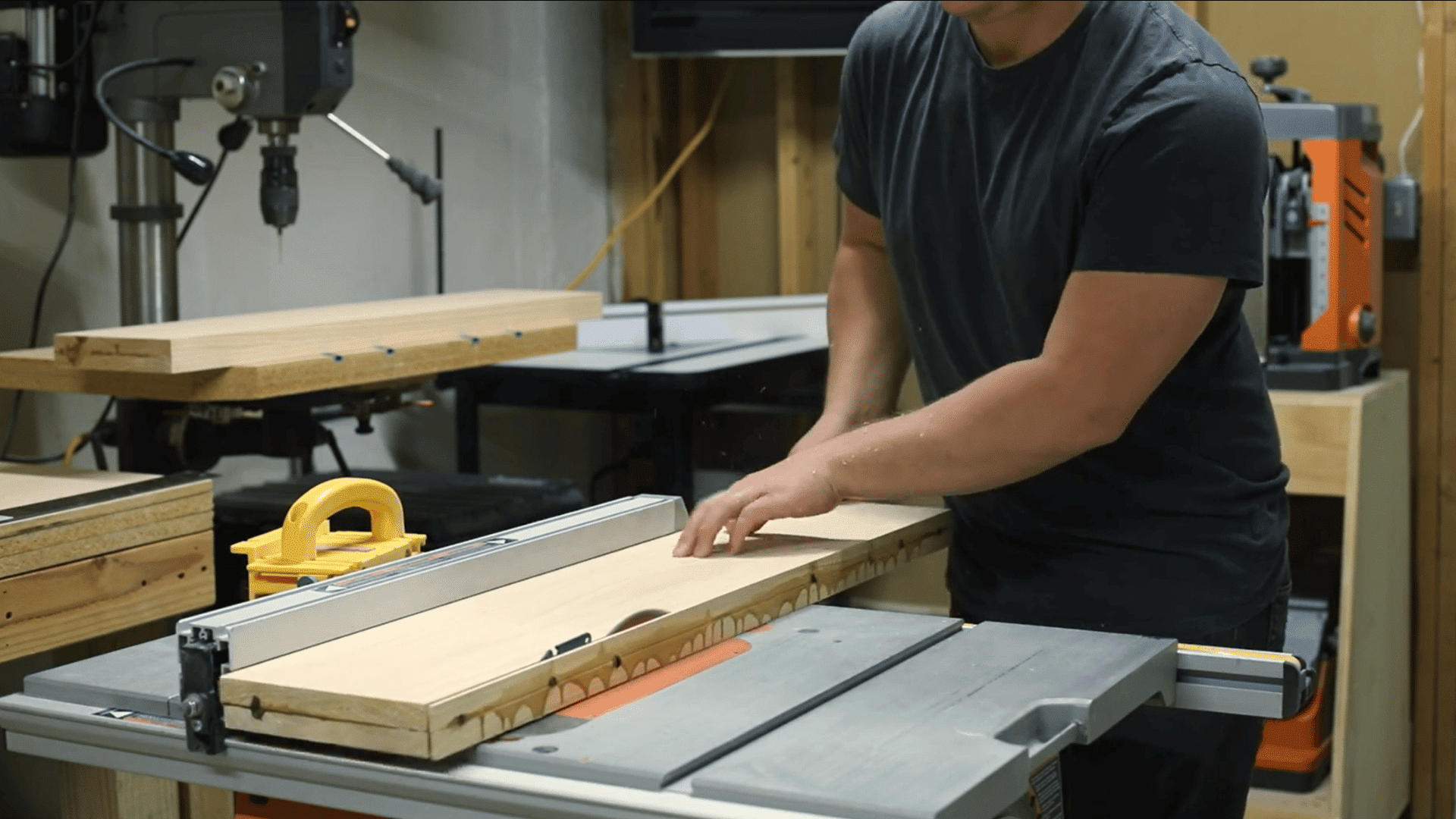 laminated pine shelf blank being trimmed with a saw to achieve the required final dimensions