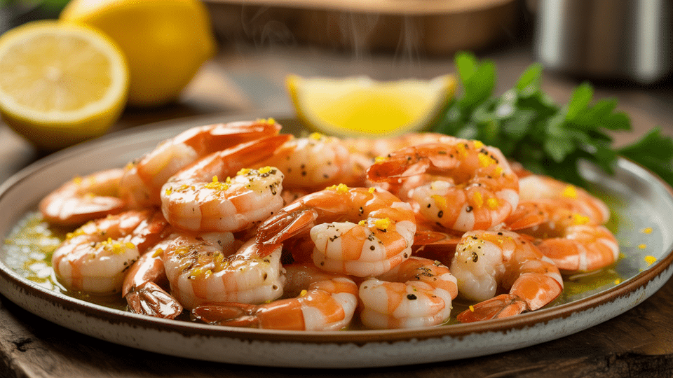 lemon pepper shrimp with herbs served on a plate with fresh lemon slices in a warm kitchen setting