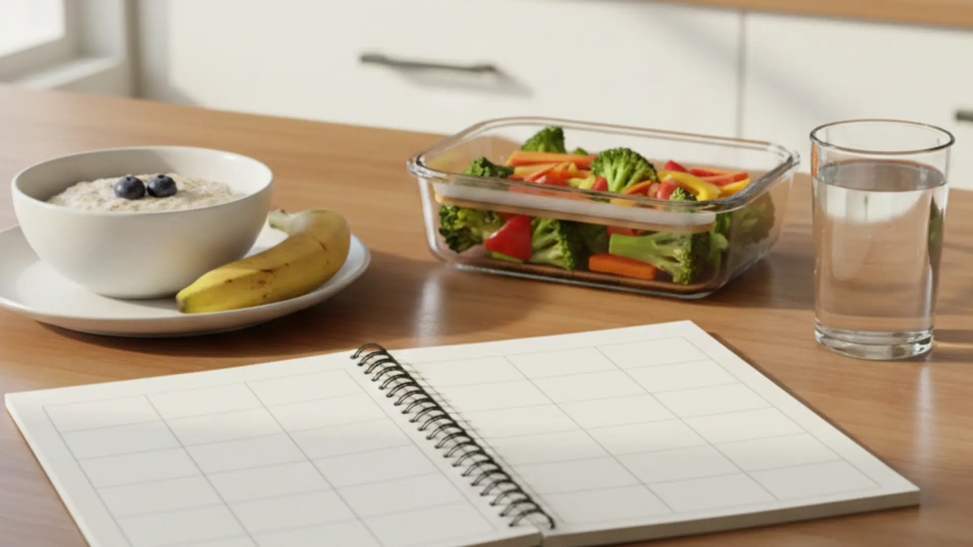 meal planning setup with oatmeal banana salad water and blank weekly planner on a table
