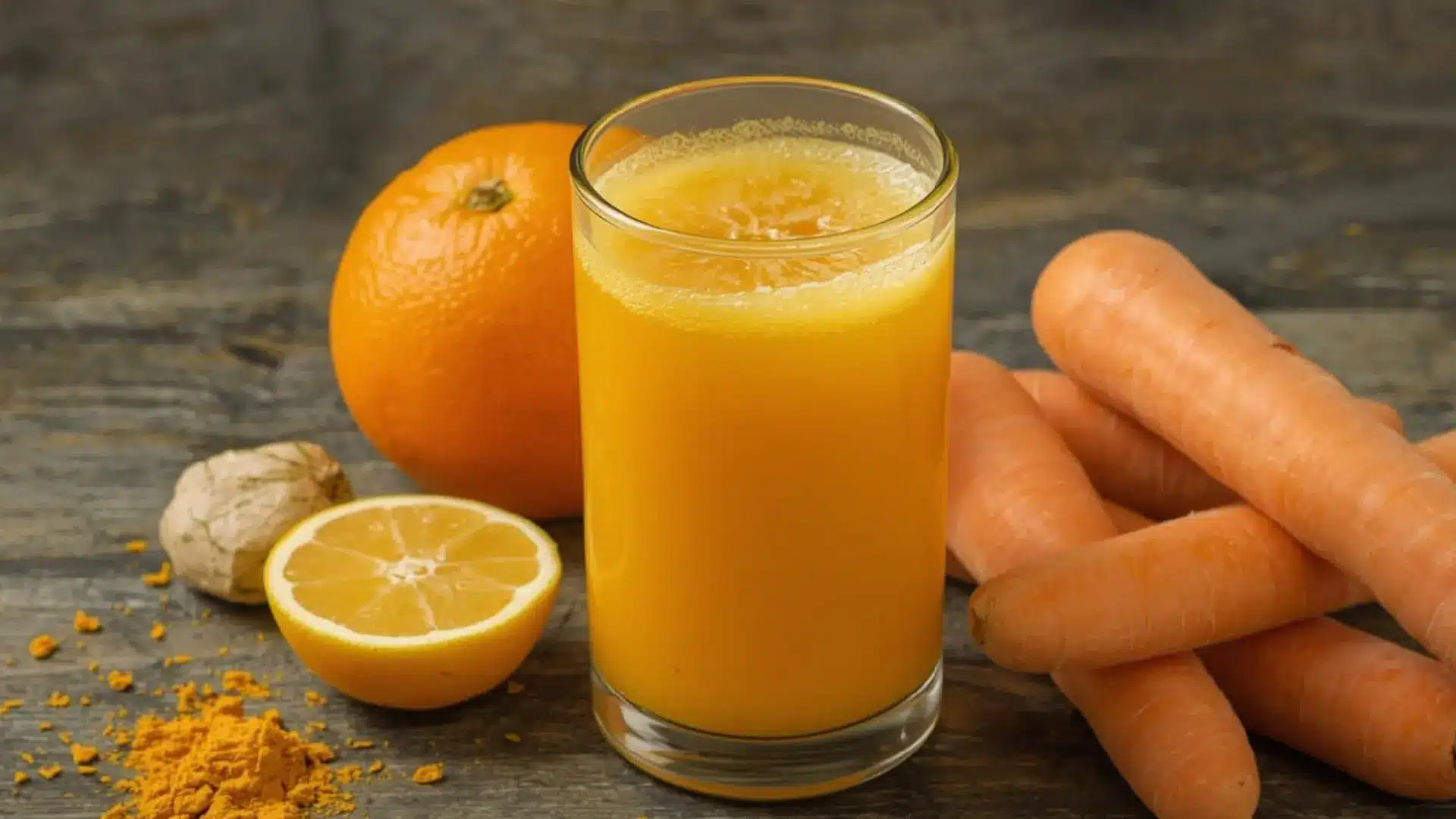 orange carrot turmeric juice in a glass with fresh carrots orange lemon ginger and turmeric on a wooden table