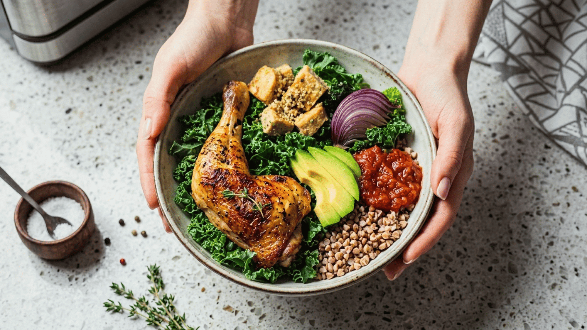 person holding a healthy chicken grain bowl with grilled chicken avocado kale buckwheat tofu red onion and tomato salsa on a kitchen countertop