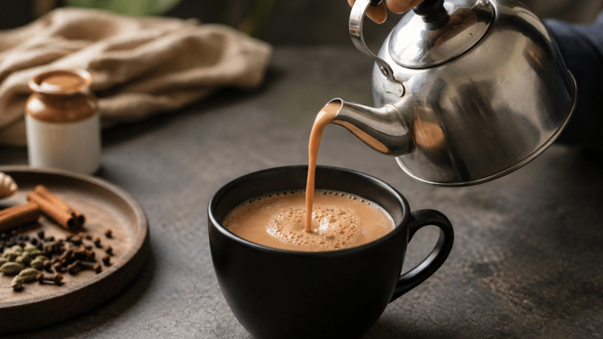 person pouring creamy masala chai into a black ceramic mug with whole spices on a wooden tray