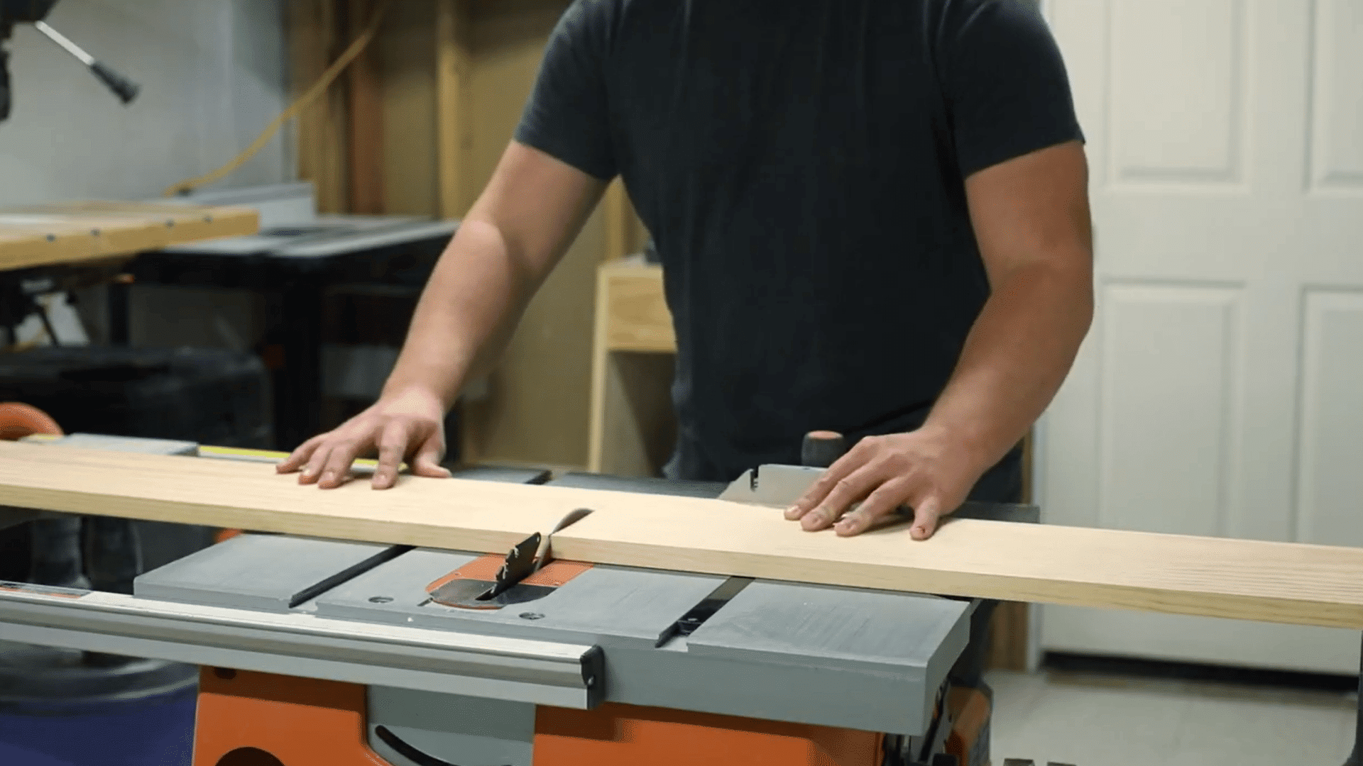 pine boards being cut into smaller pieces to prepare blanks for building diy floating shelves