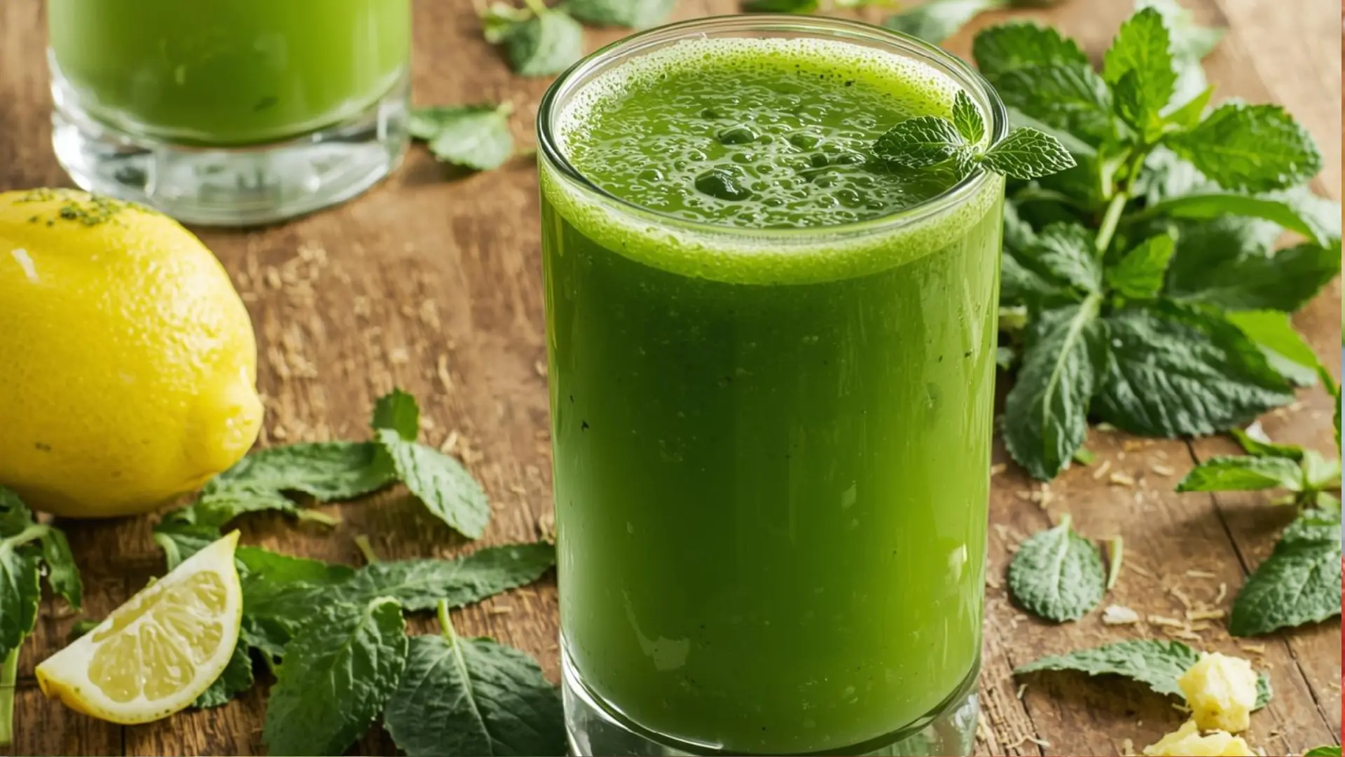 pineapple mint green juice in a glass with lemon lime mint and fresh greens on a rustic table